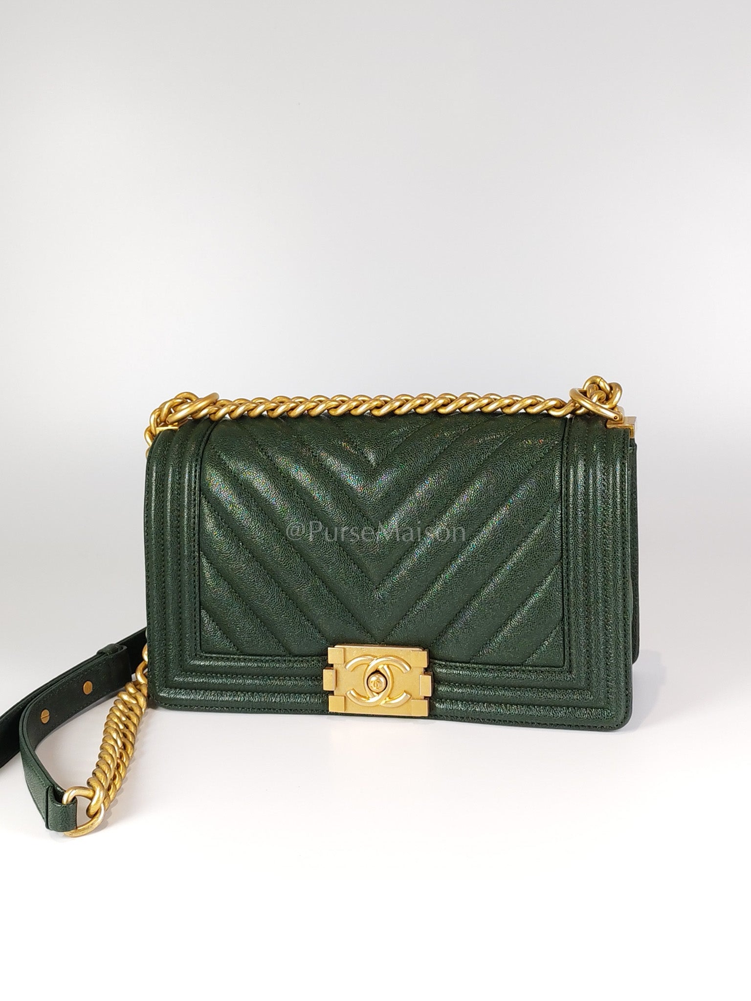 Boy Old Medium Chevron in Green Calfskin Leather and Aged Gold Hardware Series 26 | Purse Maison Luxury Bags Shop