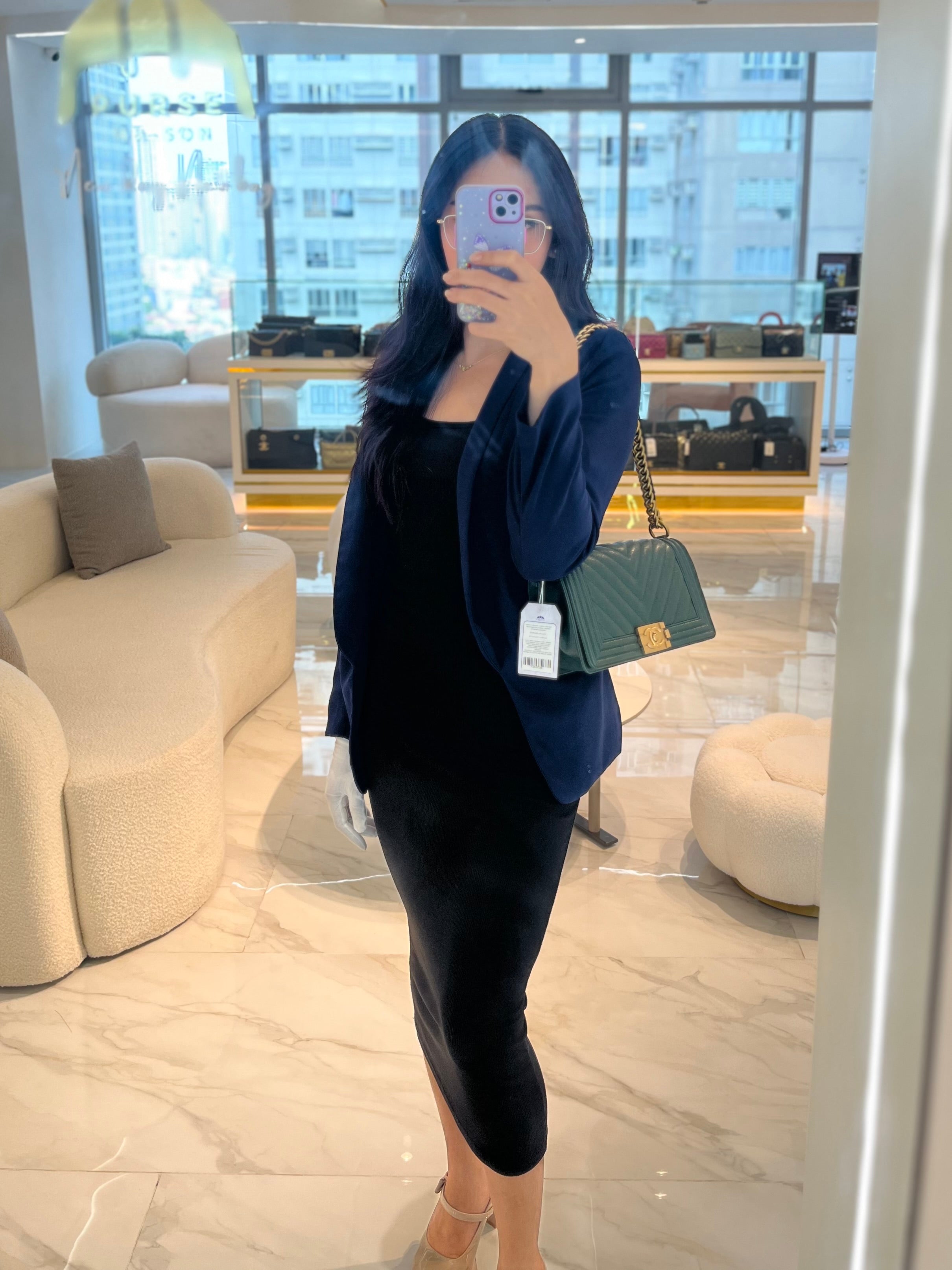 Boy Old Medium Chevron in Green Calfskin Leather and Aged Gold Hardware Series 26 | Purse Maison Luxury Bags Shop