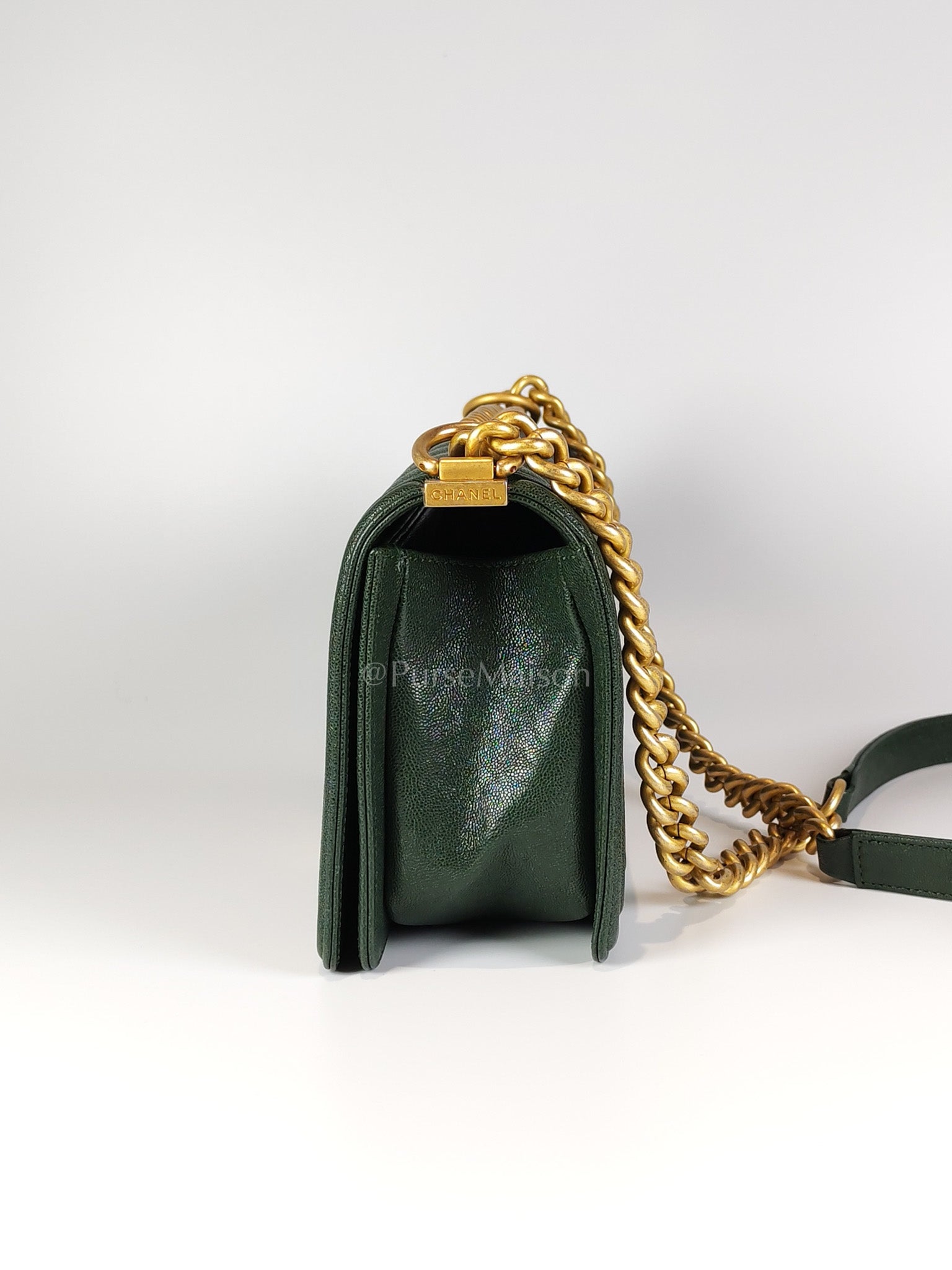 Boy Old Medium Chevron in Green Calfskin Leather and Aged Gold Hardware Series 26 | Purse Maison Luxury Bags Shop