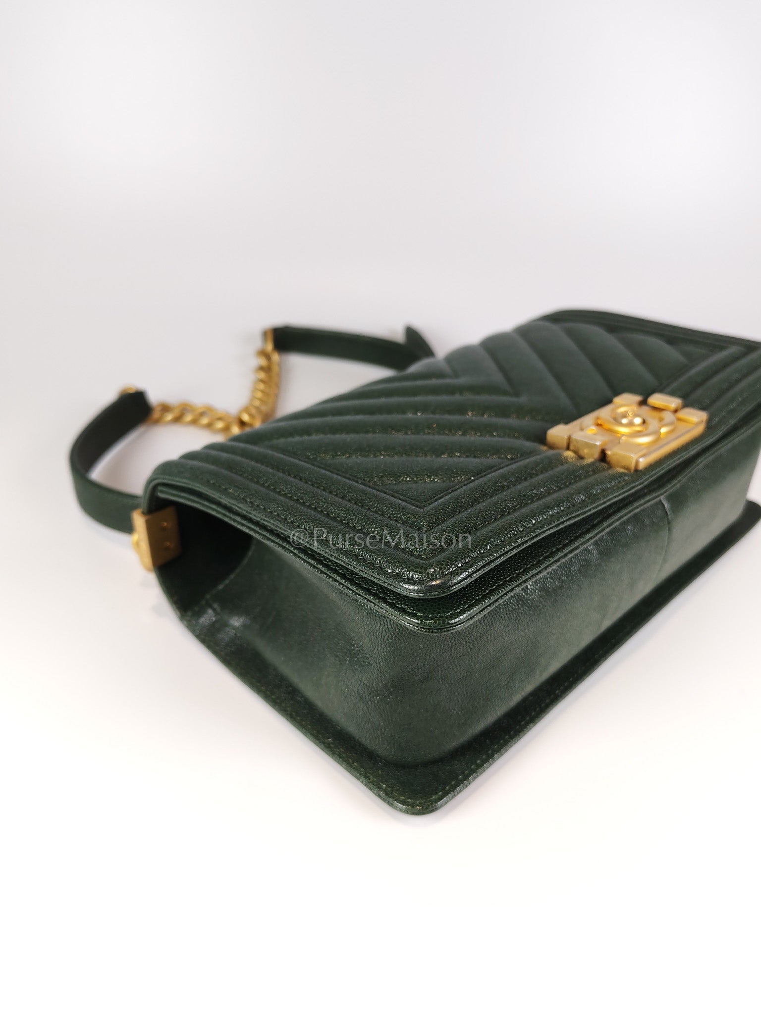 Boy Old Medium Chevron in Green Calfskin Leather and Aged Gold Hardware Series 26 | Purse Maison Luxury Bags Shop