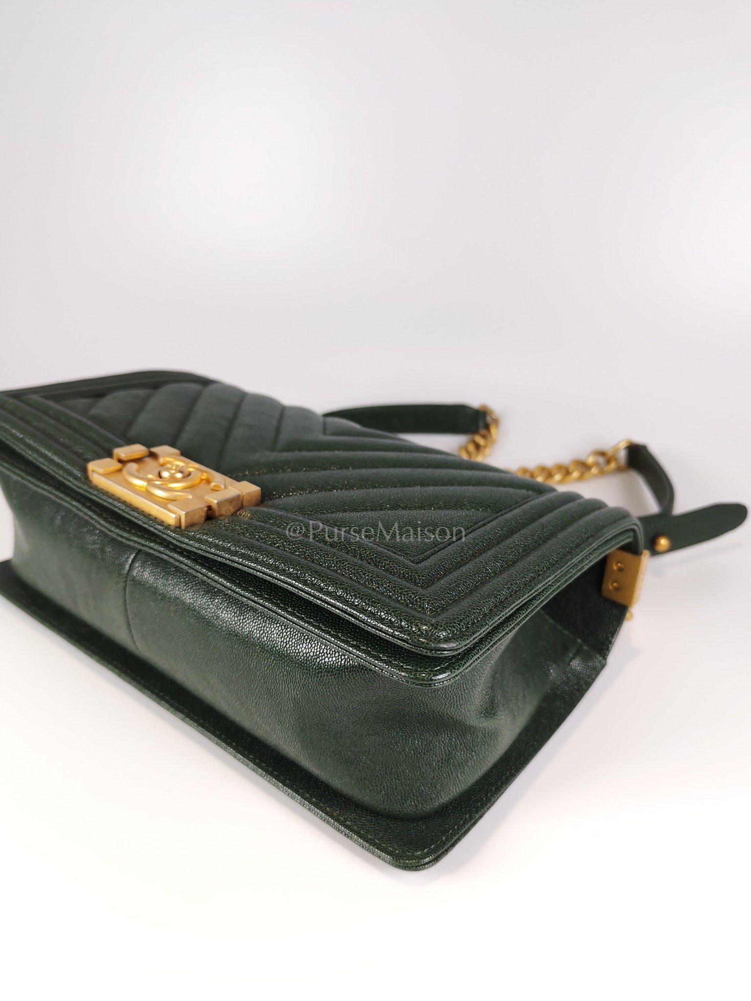 Boy Old Medium Chevron in Green Calfskin Leather and Aged Gold Hardware Series 26 | Purse Maison Luxury Bags Shop