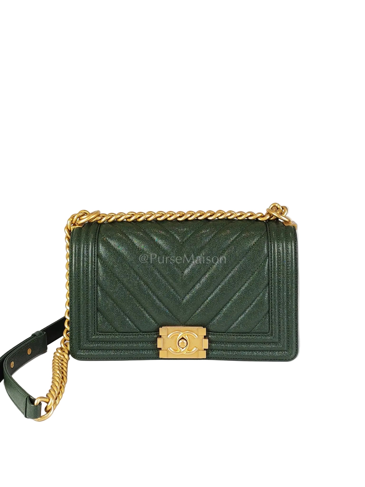 Boy Old Medium Chevron in Green Calfskin Leather and Aged Gold Hardware Series 26 | Purse Maison Luxury Bags Shop