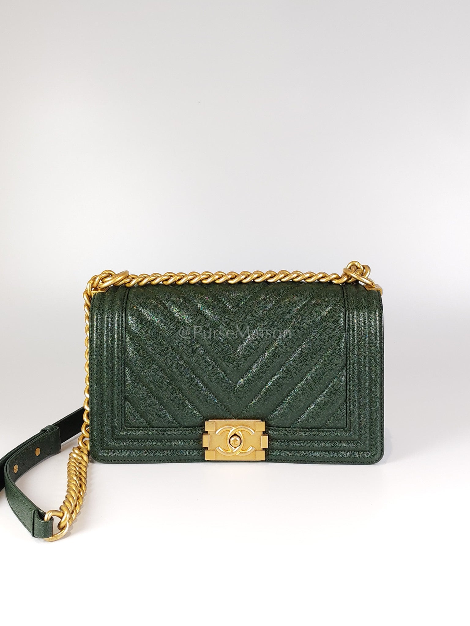 Boy Old Medium Chevron in Green Calfskin Leather and Aged Gold Hardware Series 26 | Purse Maison Luxury Bags Shop