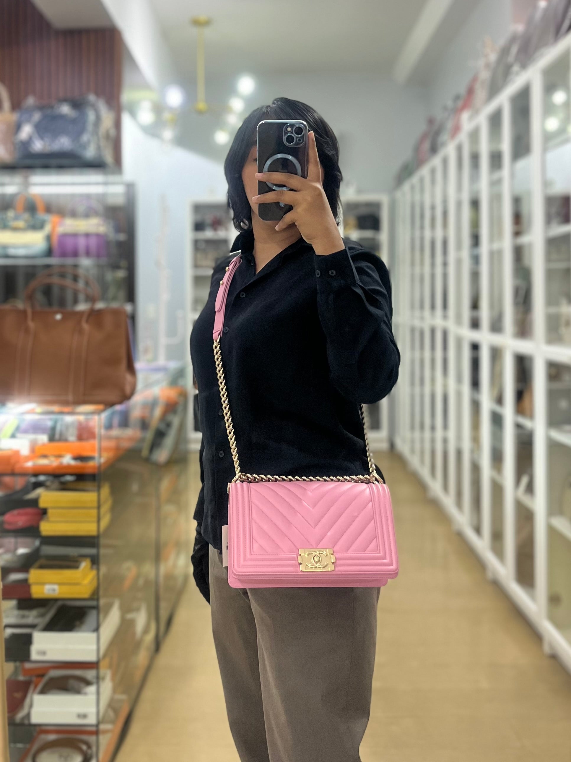 Boy Old Medium Chevron in Ling Pink Lambskin Leather and Light Gold Hardware (Microchip) | Purse Maison Luxury Bags Shop