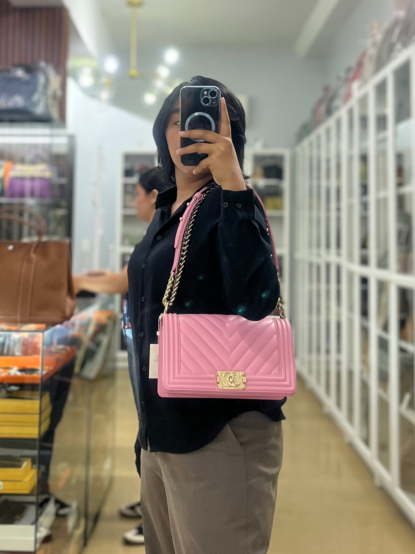 Boy Old Medium Chevron in Ling Pink Lambskin Leather and Light Gold Hardware (Microchip) | Purse Maison Luxury Bags Shop