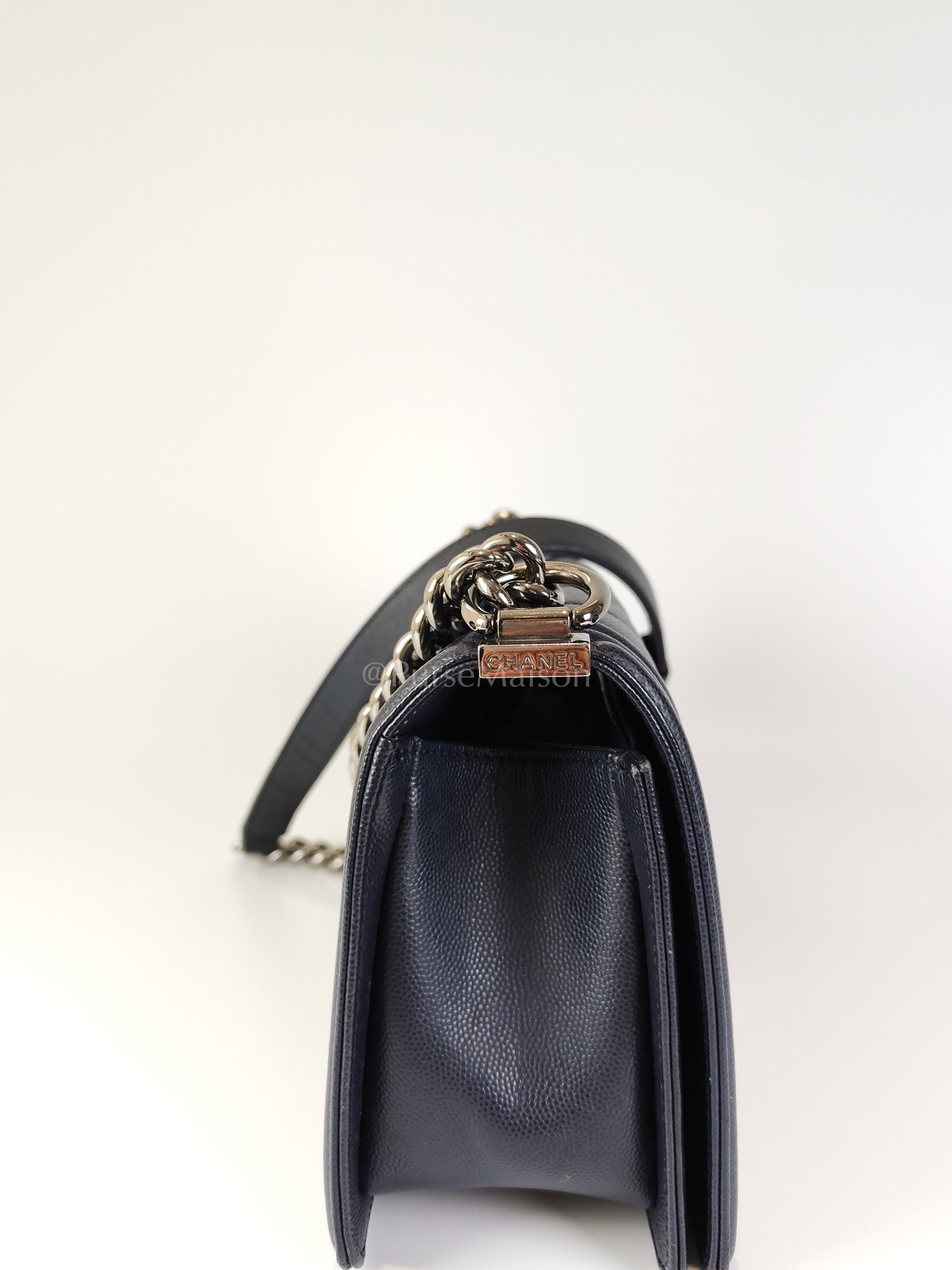 Boy Old Medium Chevron in Navy Blue Caviar Leather and Silver Hardware Series 25 | Purse Maison Luxury Bags Shop