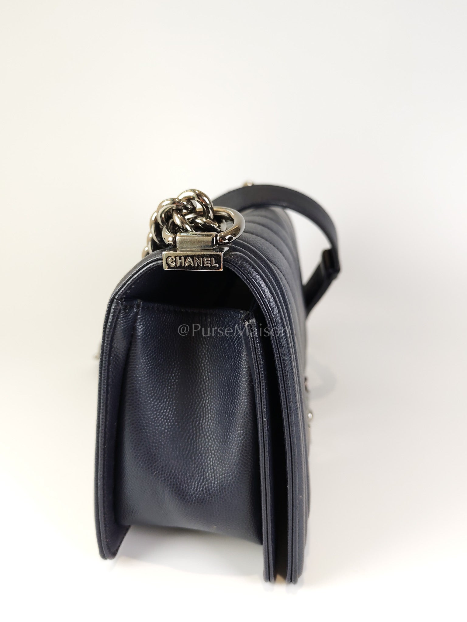 Boy Old Medium Chevron in Navy Blue Caviar Leather and Silver Hardware Series 25 | Purse Maison Luxury Bags Shop