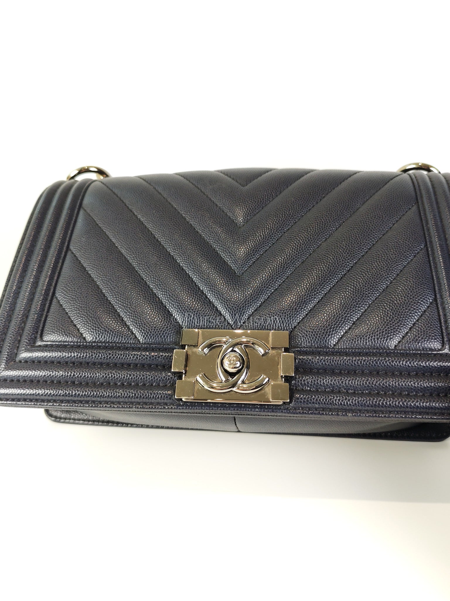 Boy Old Medium Chevron in Navy Blue Caviar Leather and Silver Hardware Series 25 | Purse Maison Luxury Bags Shop