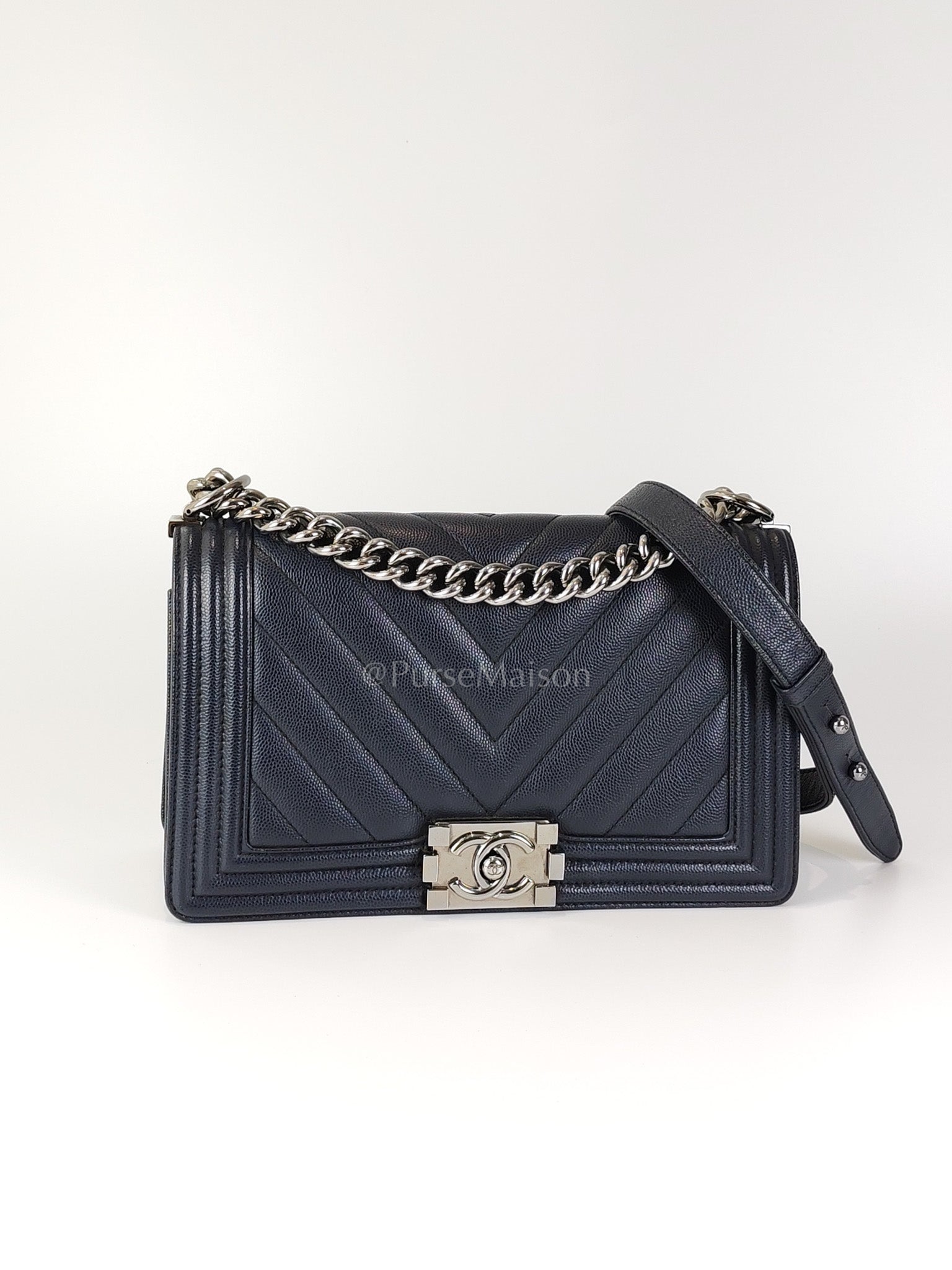 Boy Old Medium Chevron in Navy Blue Caviar Leather and Silver Hardware Series 25 | Purse Maison Luxury Bags Shop