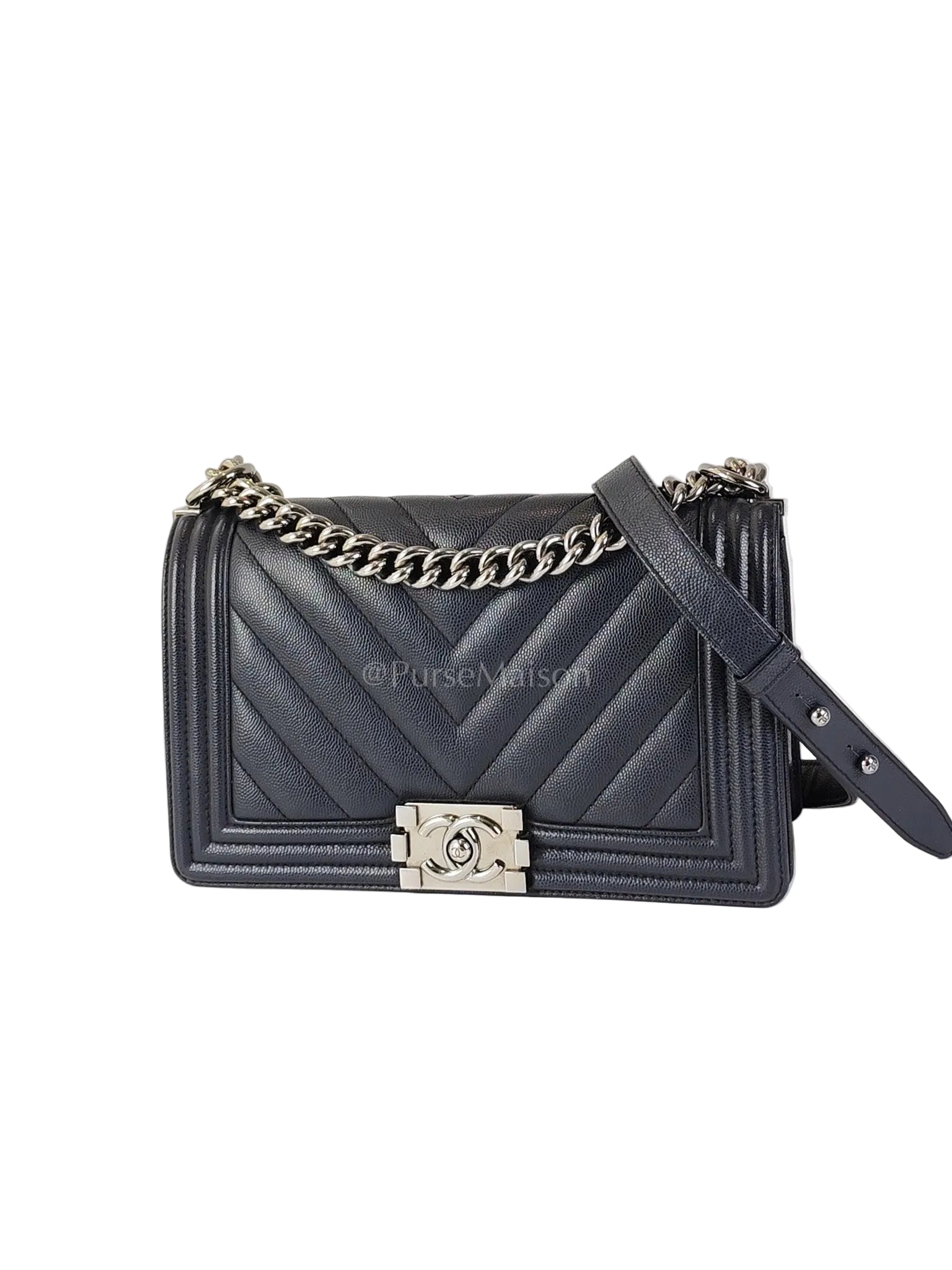 Boy Old Medium Chevron in Navy Blue Caviar Leather and Silver Hardware Series 25 | Purse Maison Luxury Bags Shop