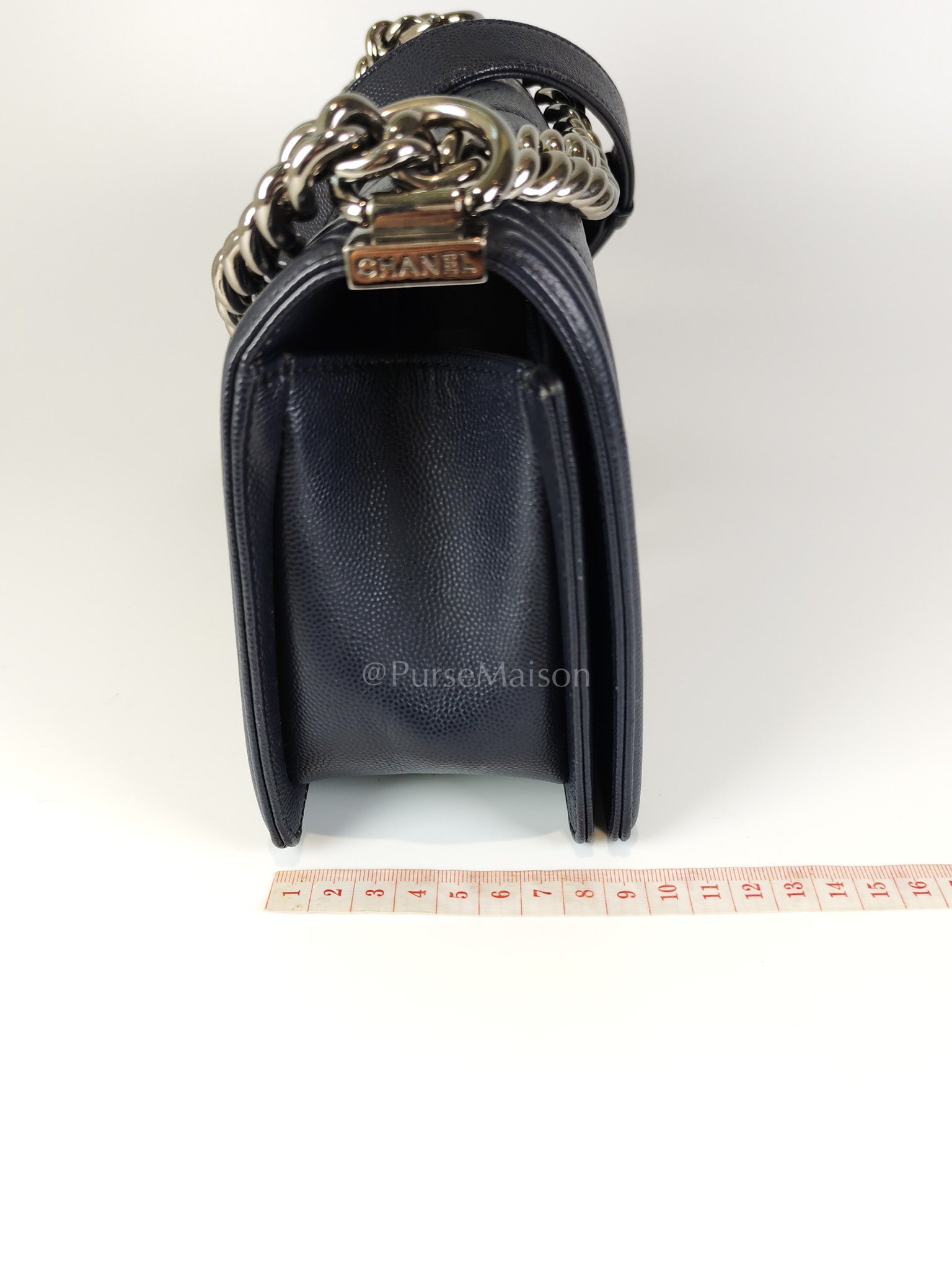 Boy Old Medium Chevron in Navy Blue Caviar Leather and Silver Hardware Series 25 | Purse Maison Luxury Bags Shop