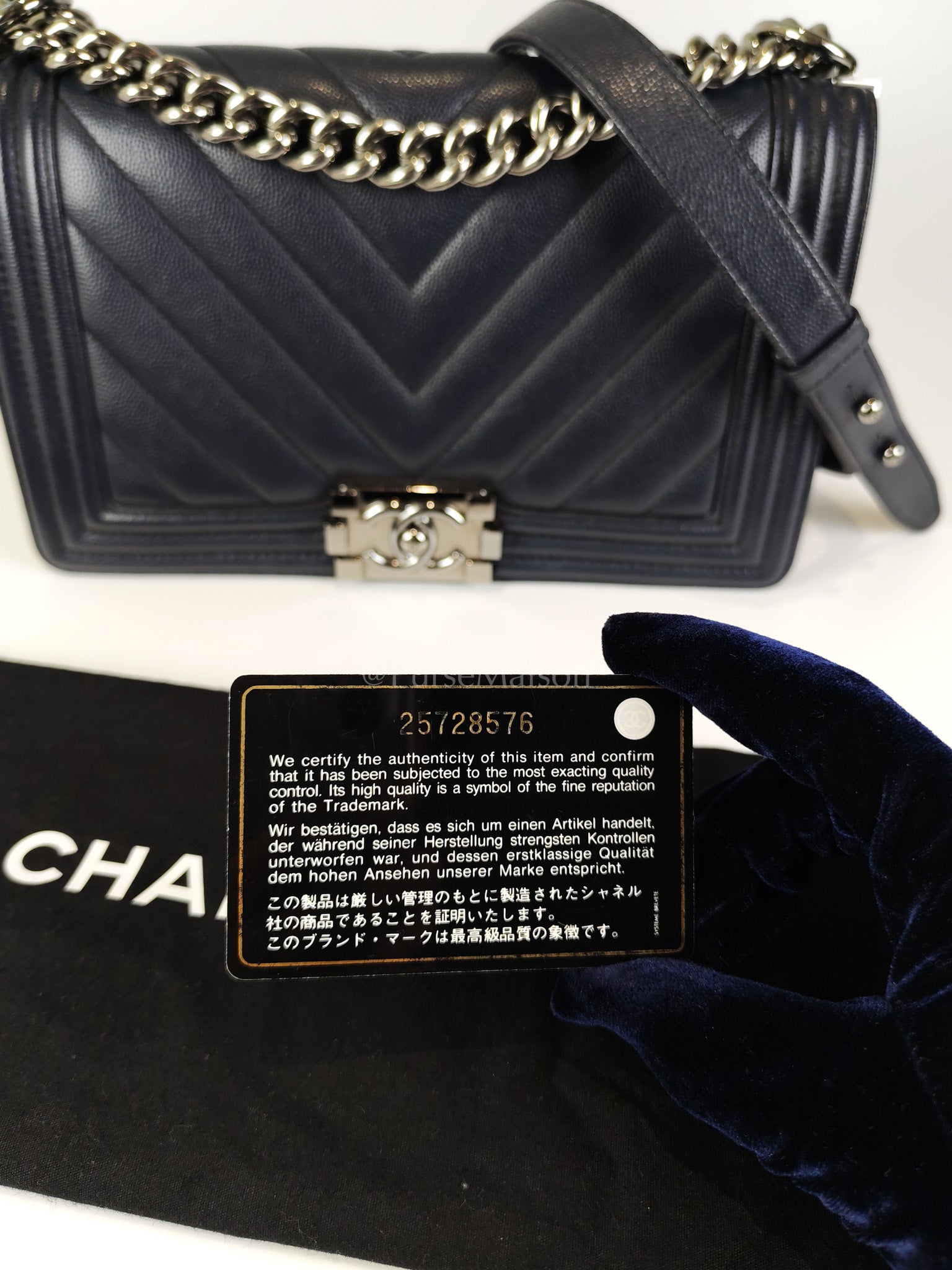 Boy Old Medium Chevron in Navy Blue Caviar Leather and Silver Hardware Series 25 | Purse Maison Luxury Bags Shop