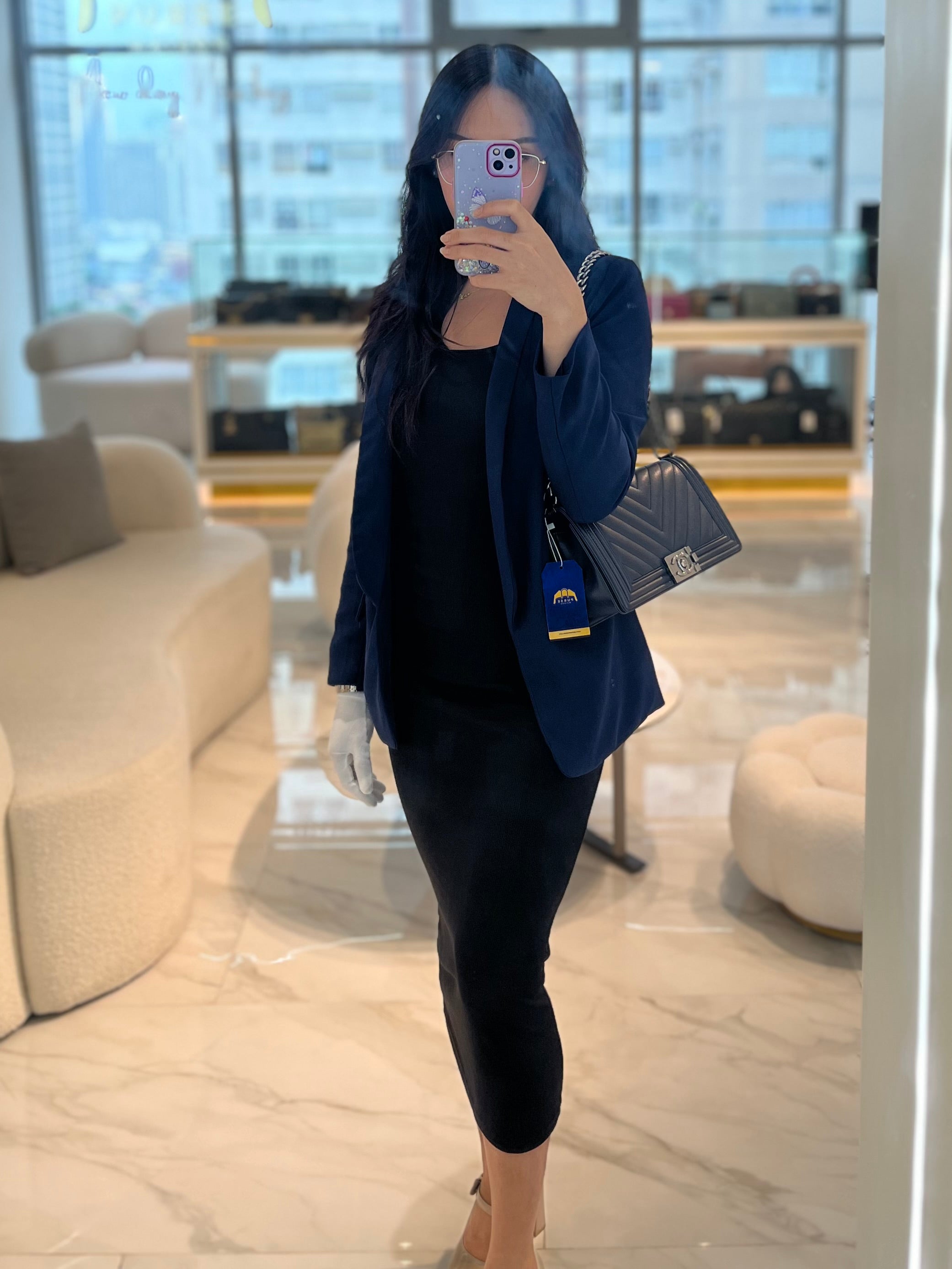 Boy Old Medium Chevron in Navy Blue Caviar Leather and Silver Hardware Series 25 | Purse Maison Luxury Bags Shop