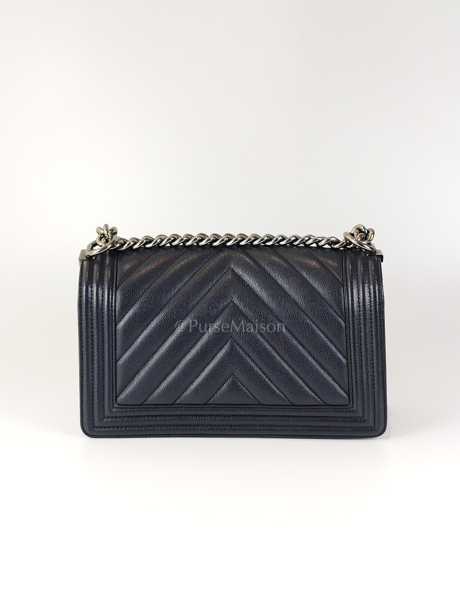 Boy Old Medium Chevron in Navy Blue Caviar Leather and Silver Hardware Series 25 | Purse Maison Luxury Bags Shop