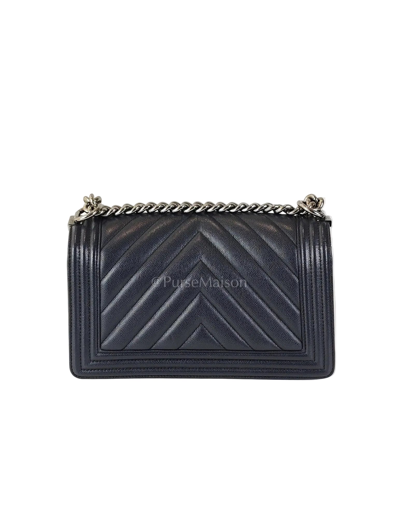 Boy Old Medium Chevron in Navy Blue Caviar Leather and Silver Hardware Series 25 | Purse Maison Luxury Bags Shop