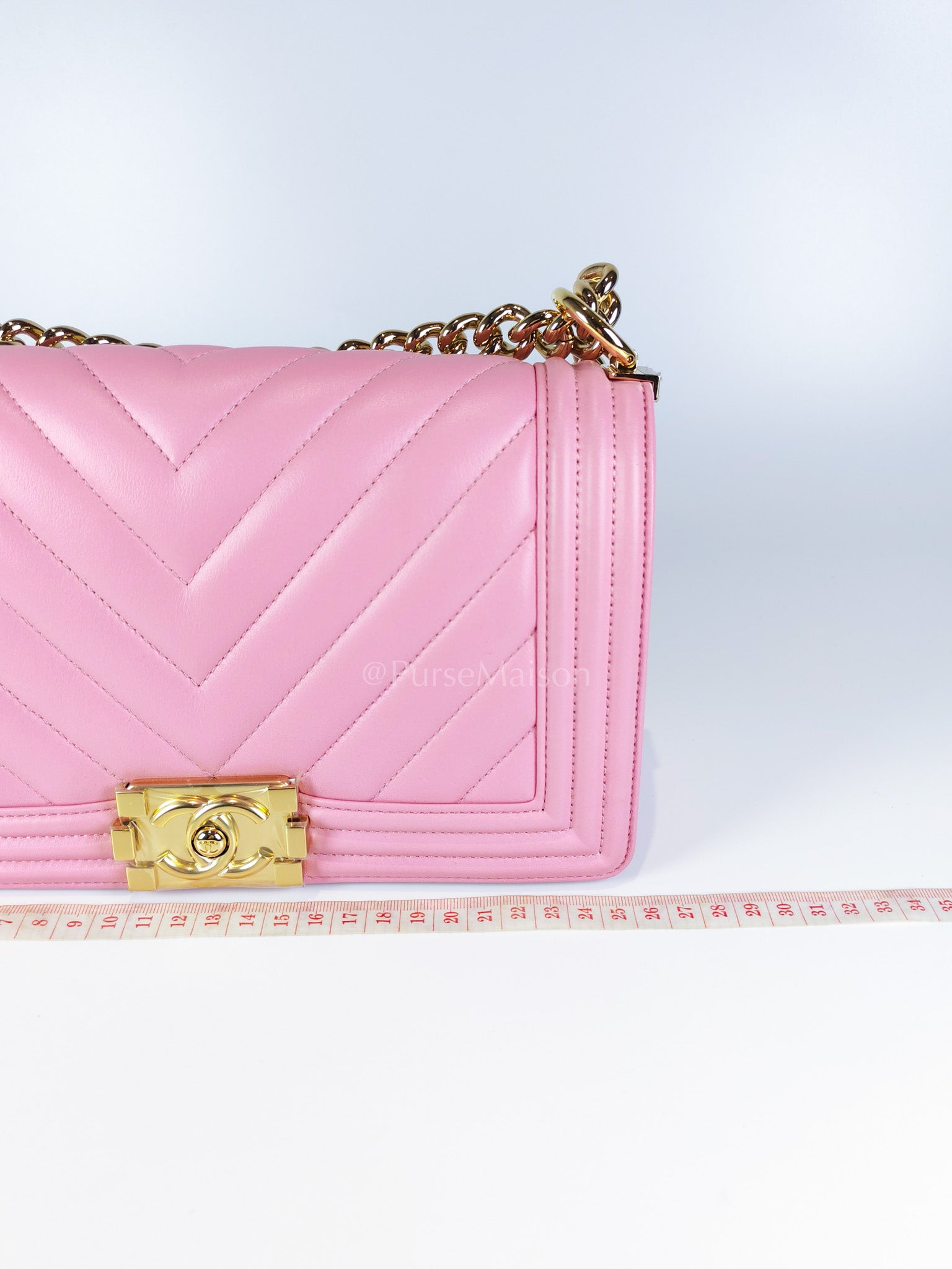 Boy Old Medium Chevron in Pink Calfskin Leather and Champagne Gold Hardware (Microchip) | Purse Maison Luxury Bags Shop