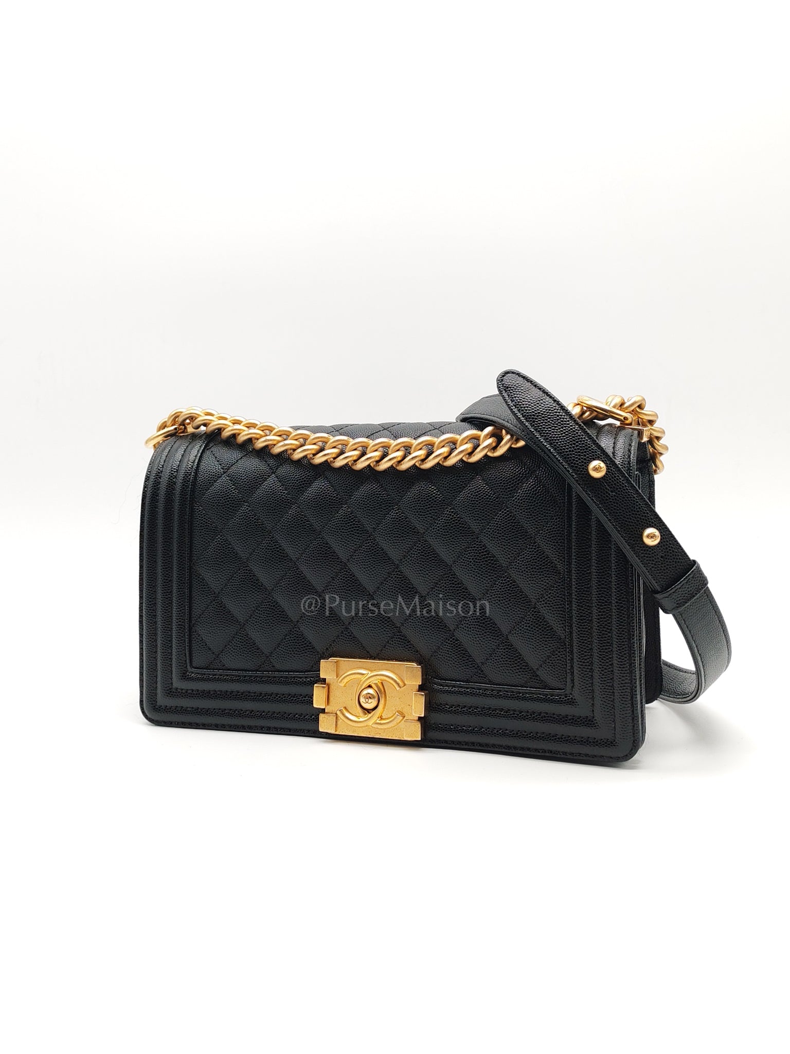 Boy Old Medium in Black Caviar Leather and Aged Gold Hardware (Microchip) | Purse Maison Luxury Bags Shop
