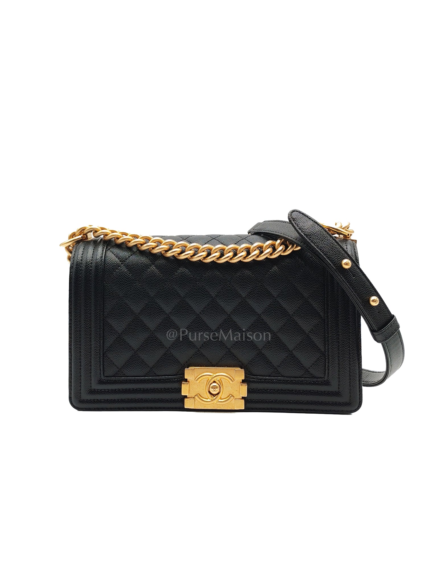 Boy Old Medium in Black Caviar Leather and Aged Gold Hardware (Microchip) | Purse Maison Luxury Bags Shop