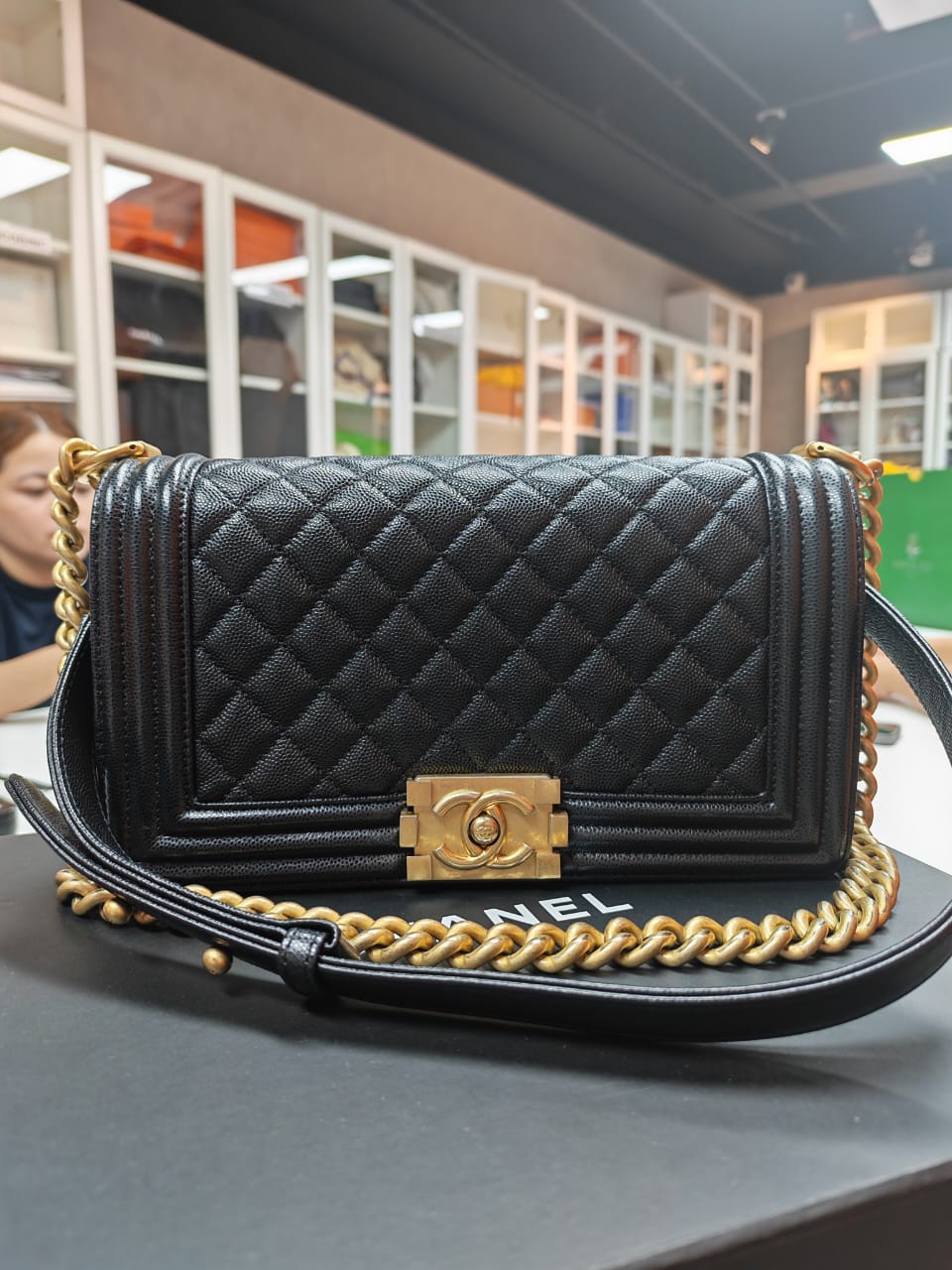 Boy Old Medium in Black Caviar Leather and Aged Gold Hardware Series 27 | Purse Maison Luxury Bags Shop