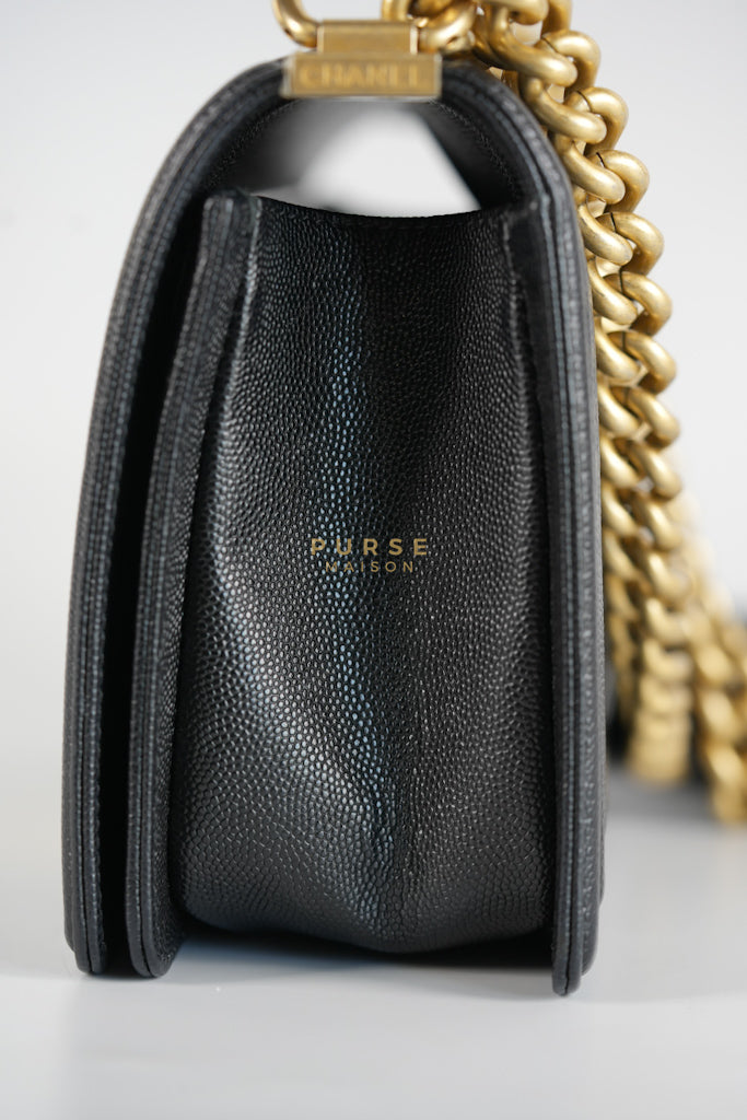 Boy Old Medium in Black Caviar Leather and Aged Gold Hardware Series 28 | Purse Maison Luxury Bags Shop