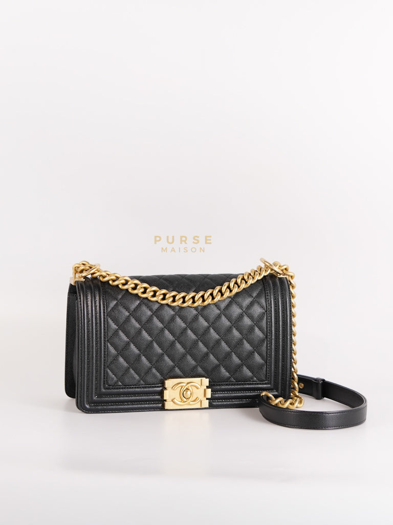 Boy Old Medium in Black Caviar Leather and Aged Gold Hardware Series 28 | Purse Maison Luxury Bags Shop