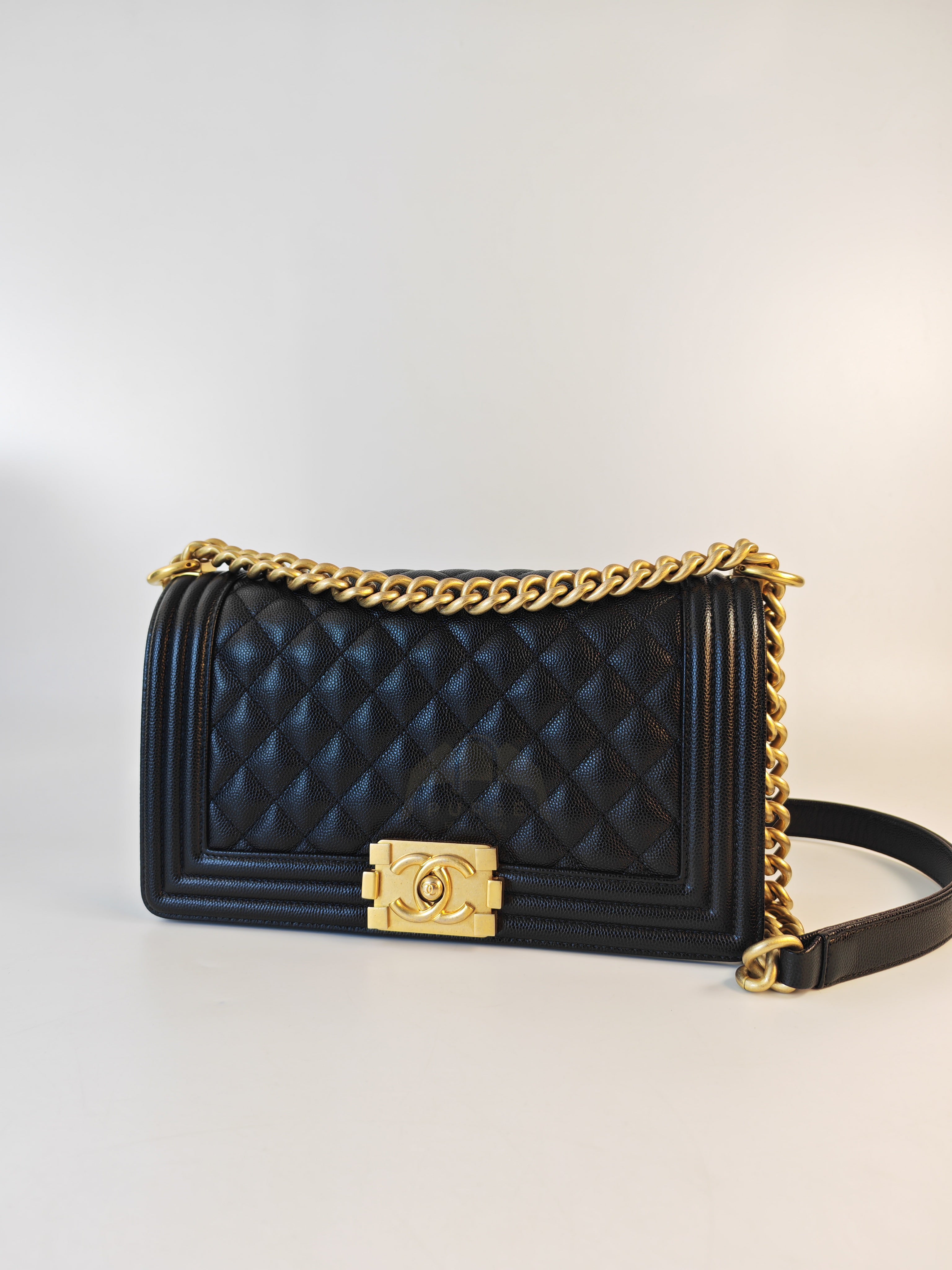 Boy Old Medium in Black Caviar Leather and Aged Gold Hardware Series 28 | Purse Maison Luxury Bags Shop