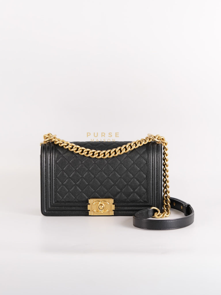 Boy Old Medium in Black Caviar Leather and Aged Gold Hardware Series 28 | Purse Maison Luxury Bags Shop