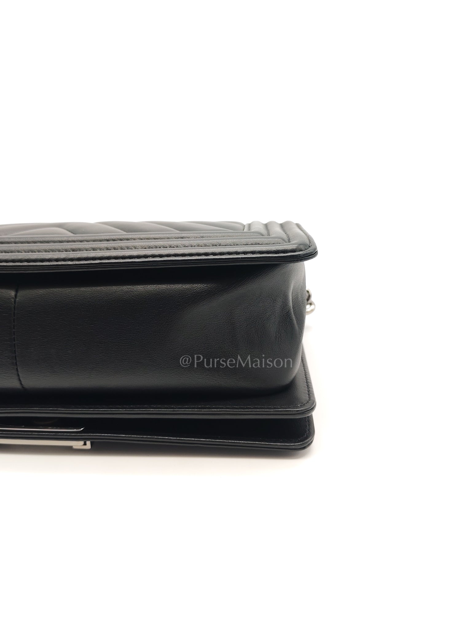 Boy Old Medium in Black Chevron Calfskin Leather and Silver Hardware (Microchip) | Purse Maison Luxury Bags Shop