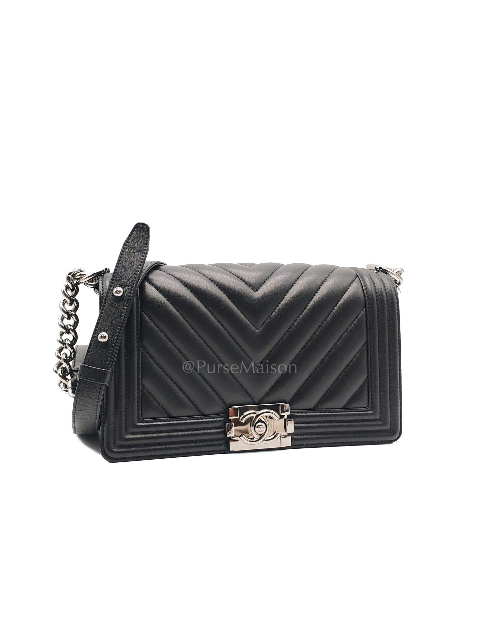 Boy Old Medium in Black Chevron Calfskin Leather and Silver Hardware (Microchip) | Purse Maison Luxury Bags Shop