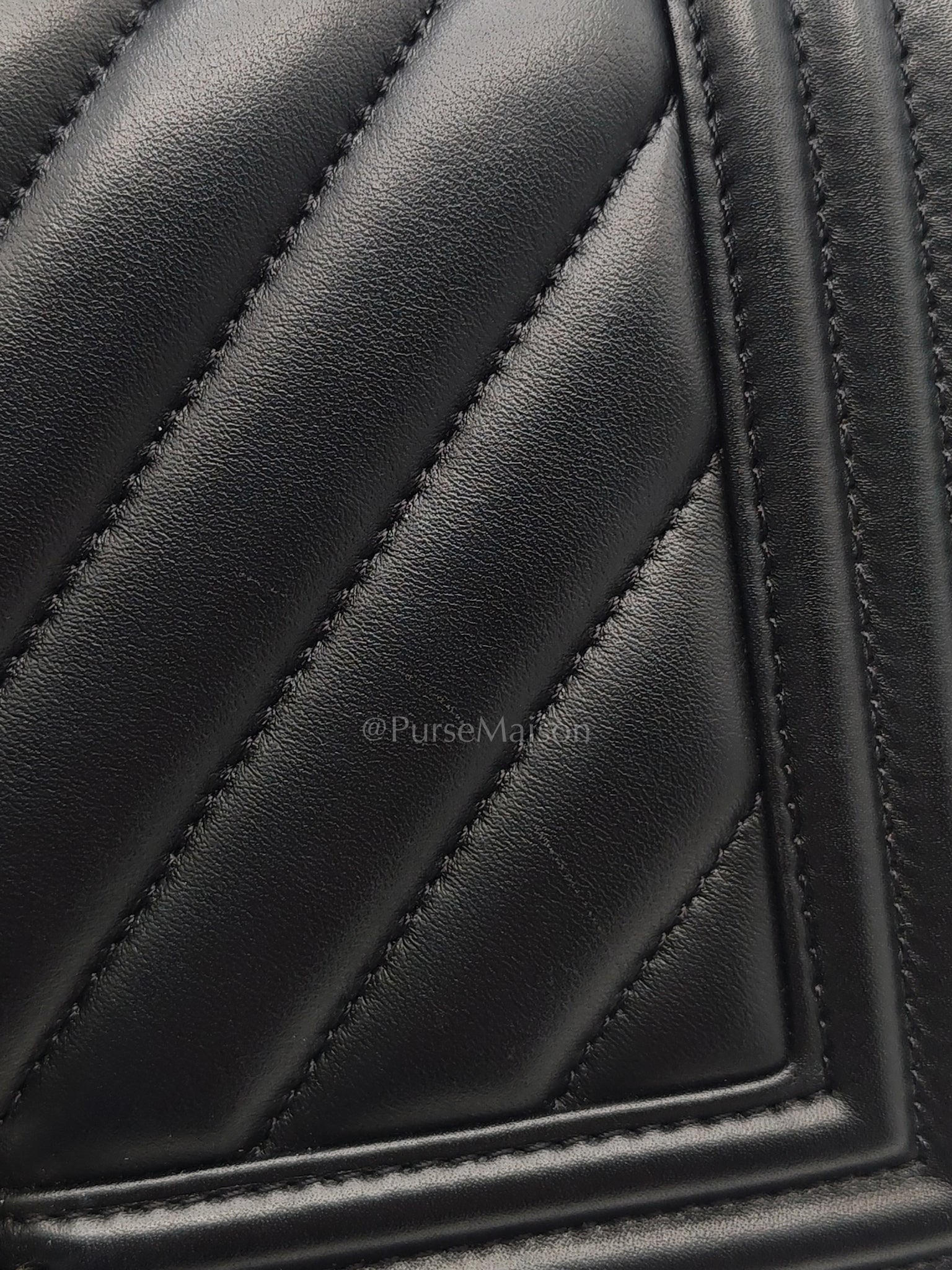 Boy Old Medium in Black Chevron Calfskin Leather and Silver Hardware (Microchip) | Purse Maison Luxury Bags Shop