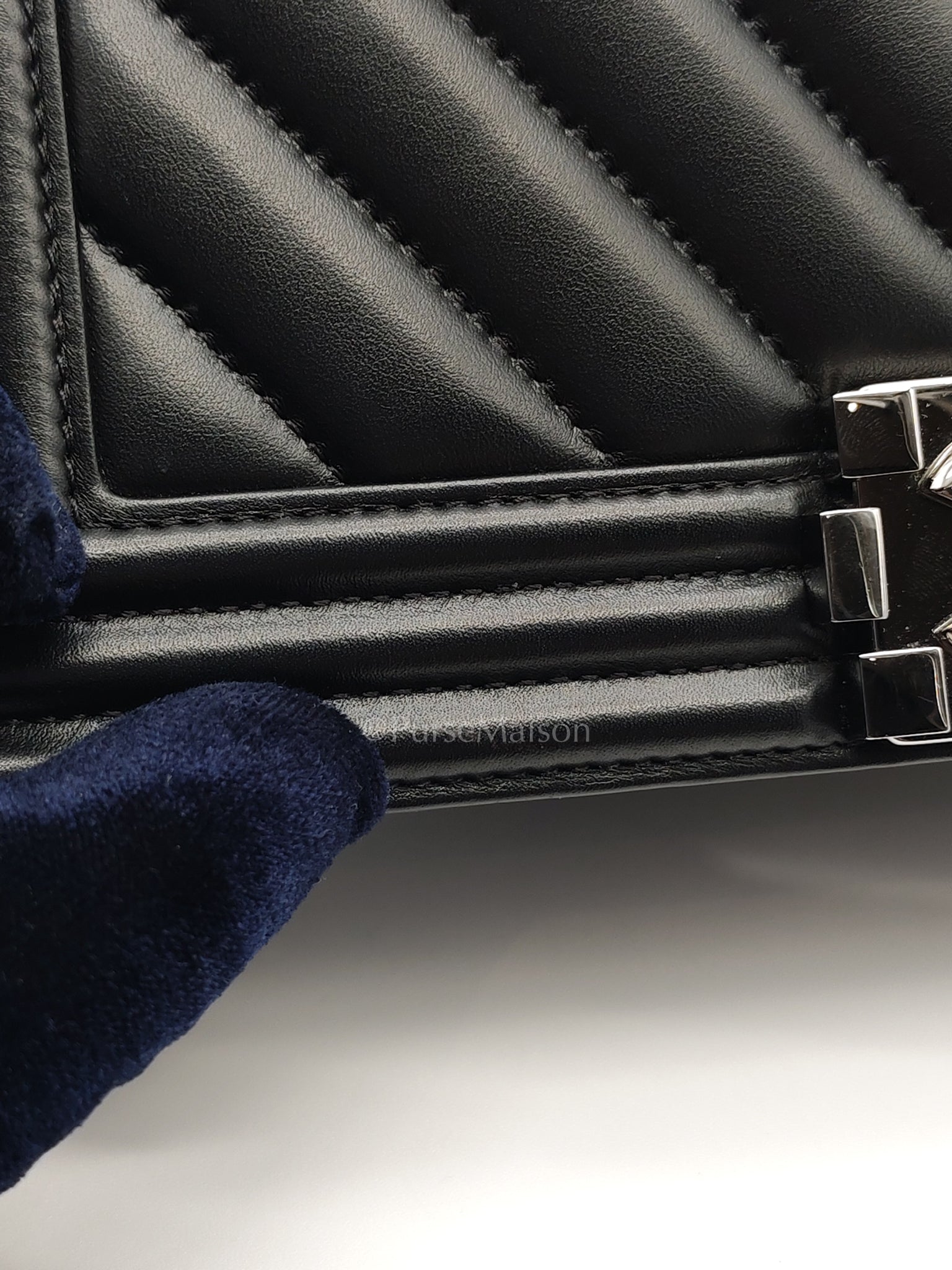 Boy Old Medium in Black Chevron Calfskin Leather and Silver Hardware (Microchip) | Purse Maison Luxury Bags Shop