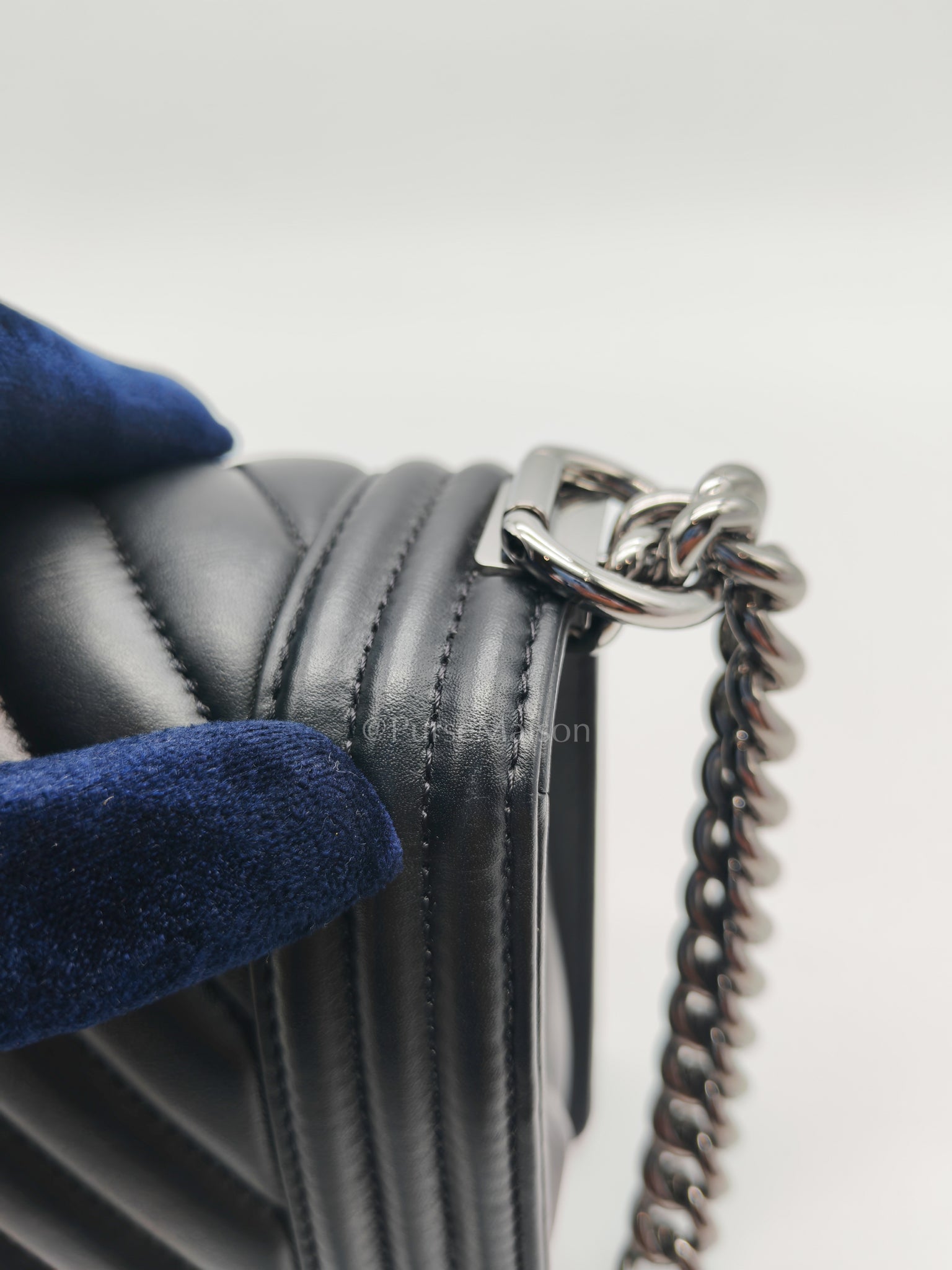 Boy Old Medium in Black Chevron Calfskin Leather and Silver Hardware (Microchip) | Purse Maison Luxury Bags Shop