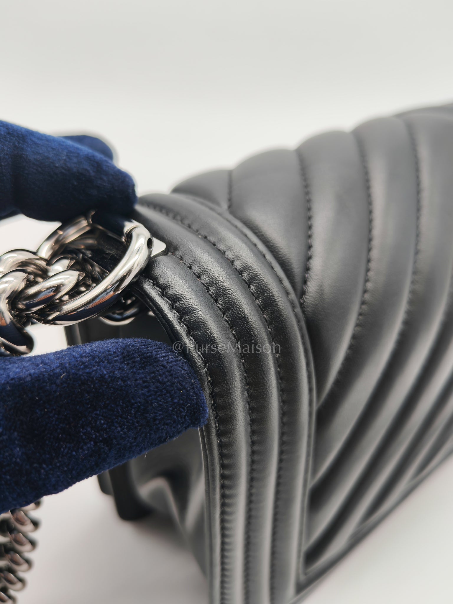 Boy Old Medium in Black Chevron Calfskin Leather and Silver Hardware (Microchip) | Purse Maison Luxury Bags Shop