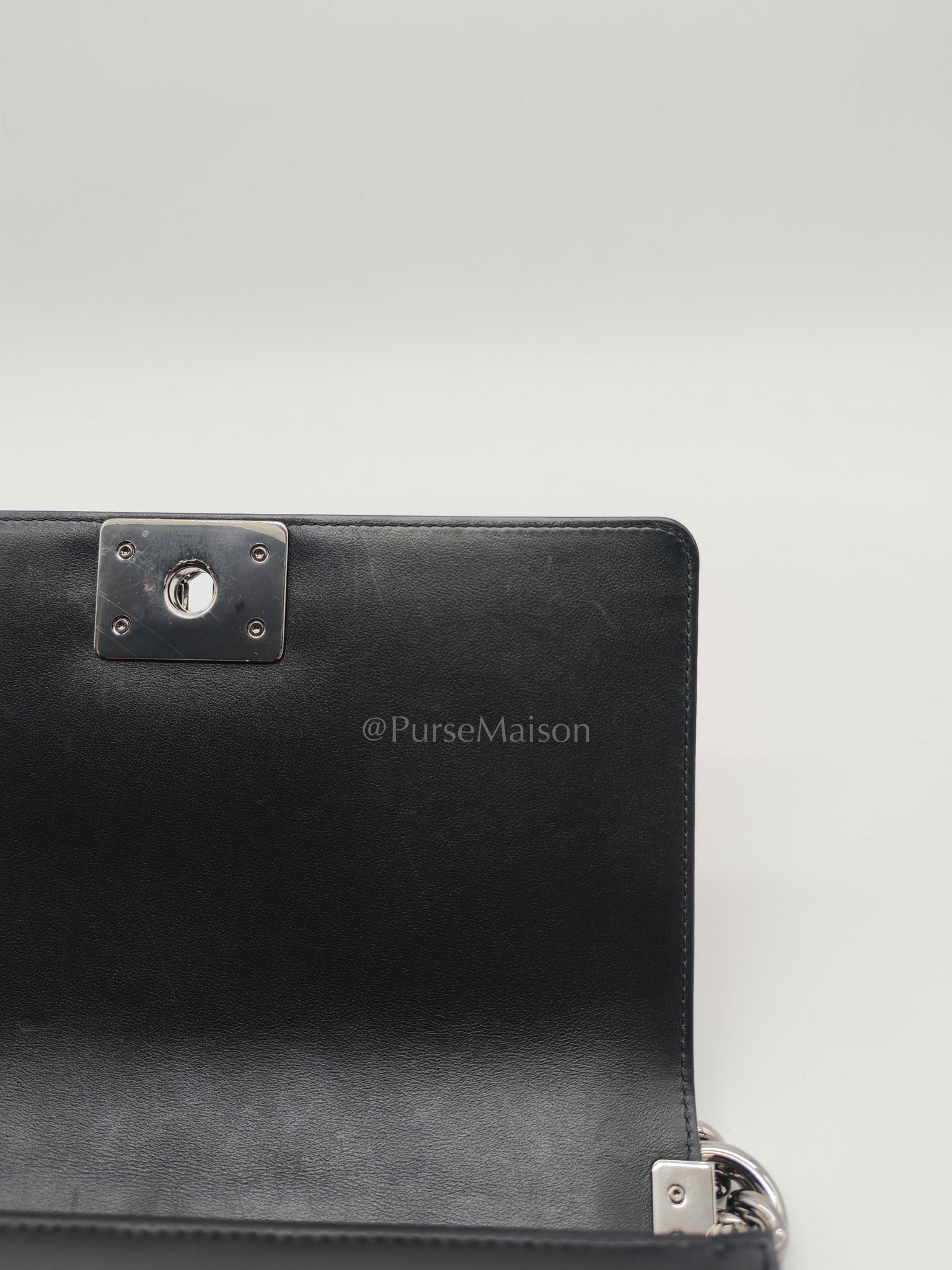 Boy Old Medium in Black Chevron Calfskin Leather and Silver Hardware (Microchip) | Purse Maison Luxury Bags Shop