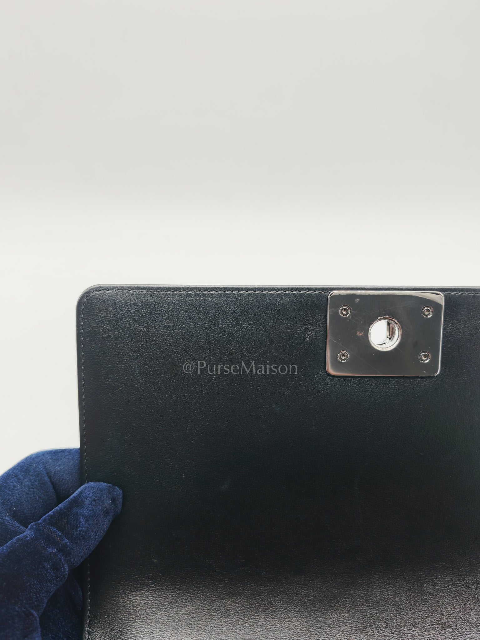 Boy Old Medium in Black Chevron Calfskin Leather and Silver Hardware (Microchip) | Purse Maison Luxury Bags Shop