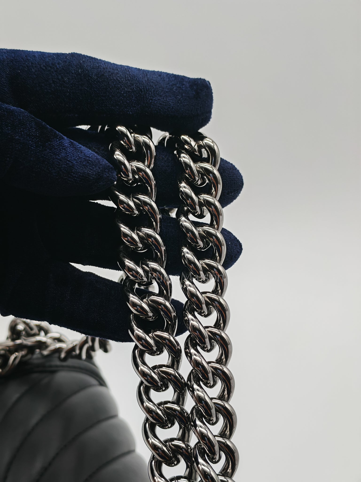 Boy Old Medium in Black Chevron Calfskin Leather and Silver Hardware (Microchip) | Purse Maison Luxury Bags Shop