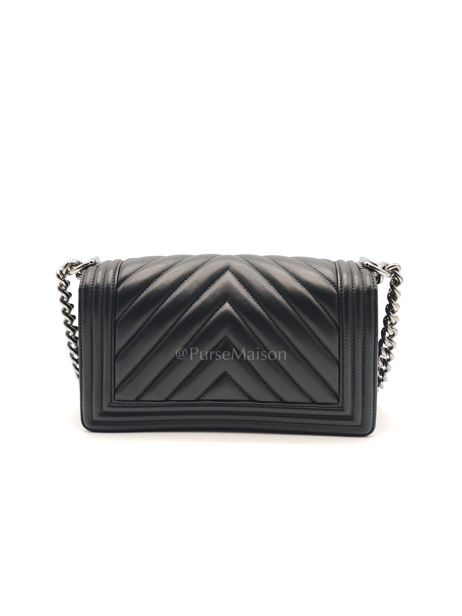 Boy Old Medium in Black Chevron Calfskin Leather and Silver Hardware (Microchip) | Purse Maison Luxury Bags Shop