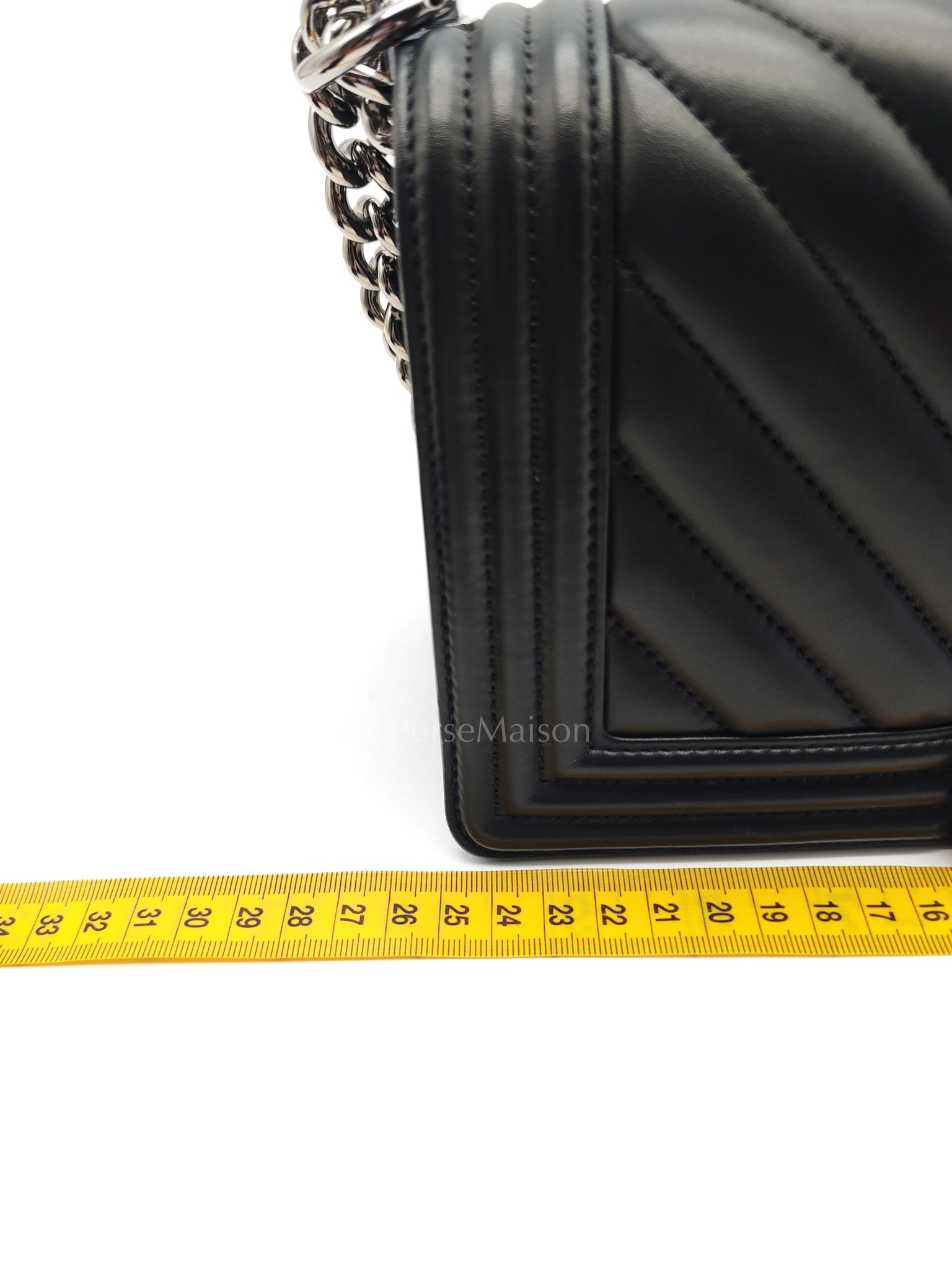 Boy Old Medium in Black Chevron Calfskin Leather and Silver Hardware (Microchip) | Purse Maison Luxury Bags Shop