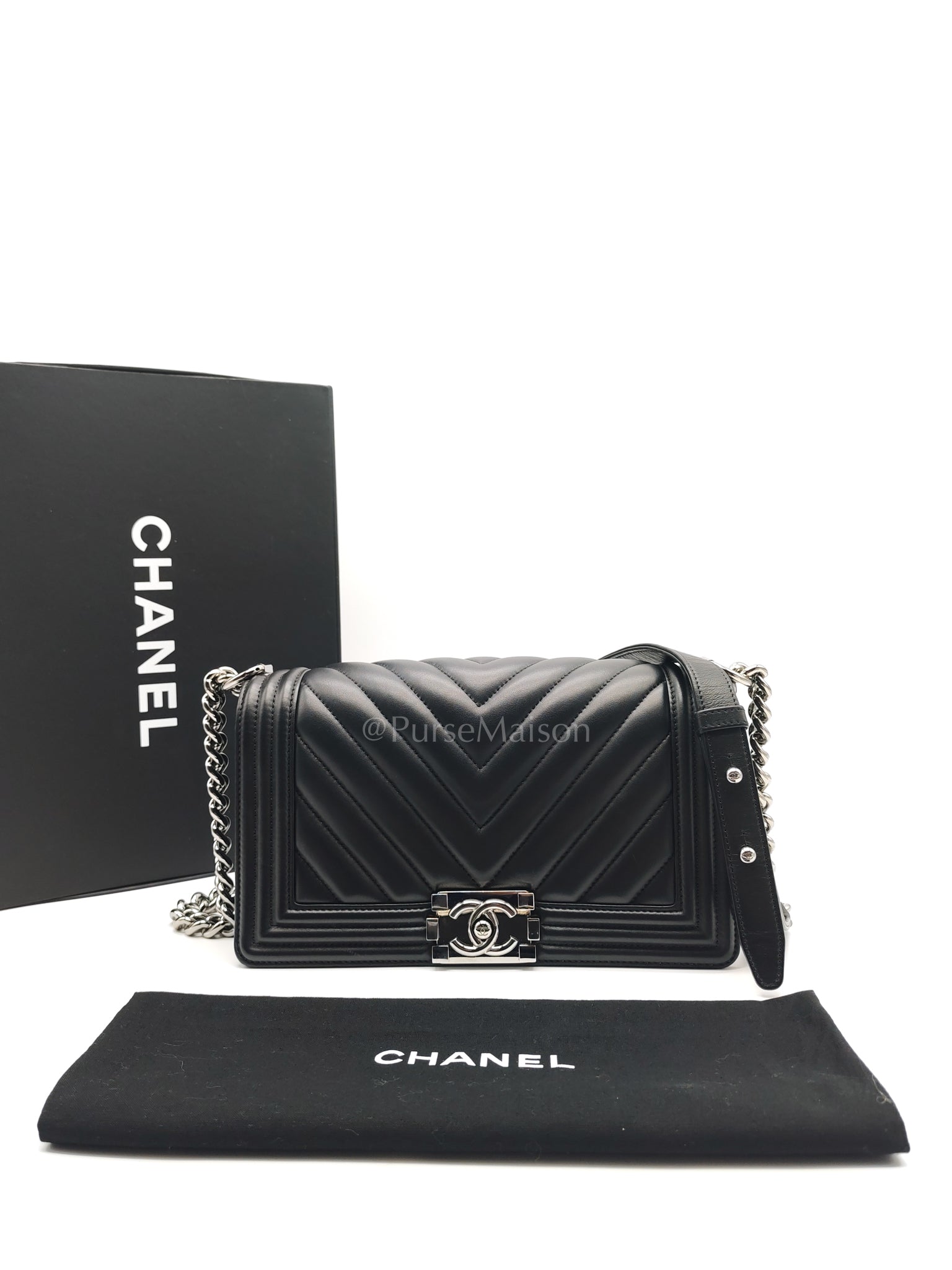 Boy Old Medium in Black Chevron Calfskin Leather and Silver Hardware (Microchip) | Purse Maison Luxury Bags Shop