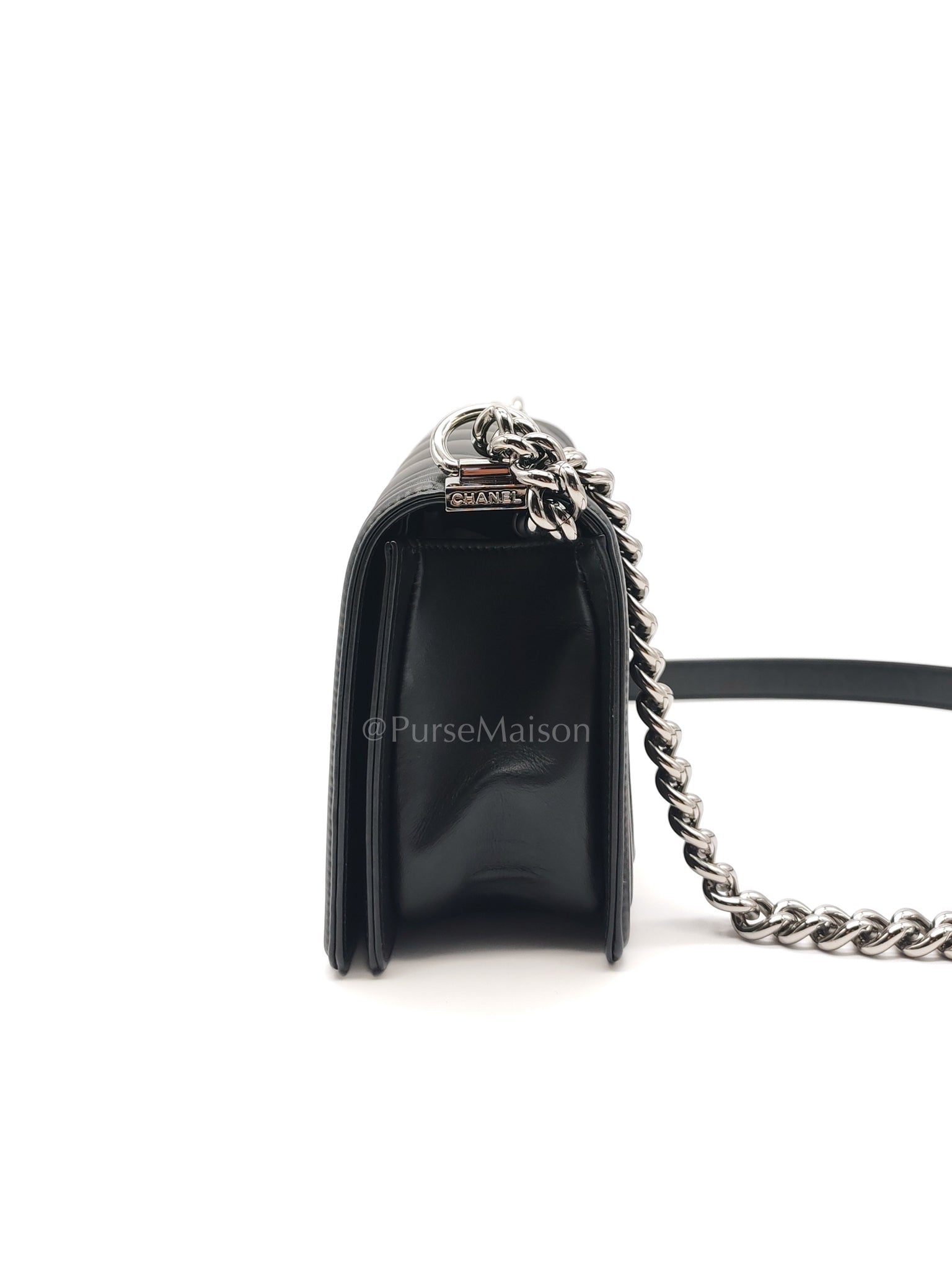 Boy Old Medium in Black Chevron Calfskin Leather and Silver Hardware (Microchip) | Purse Maison Luxury Bags Shop