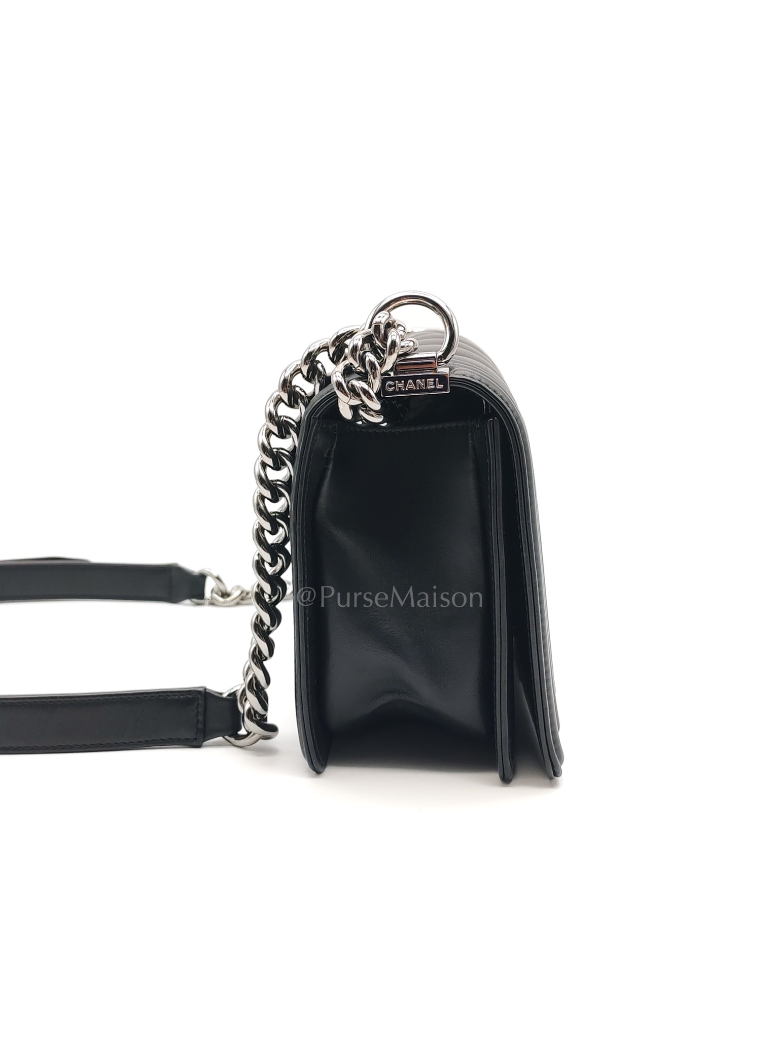 Boy Old Medium in Black Chevron Calfskin Leather and Silver Hardware (Microchip) | Purse Maison Luxury Bags Shop