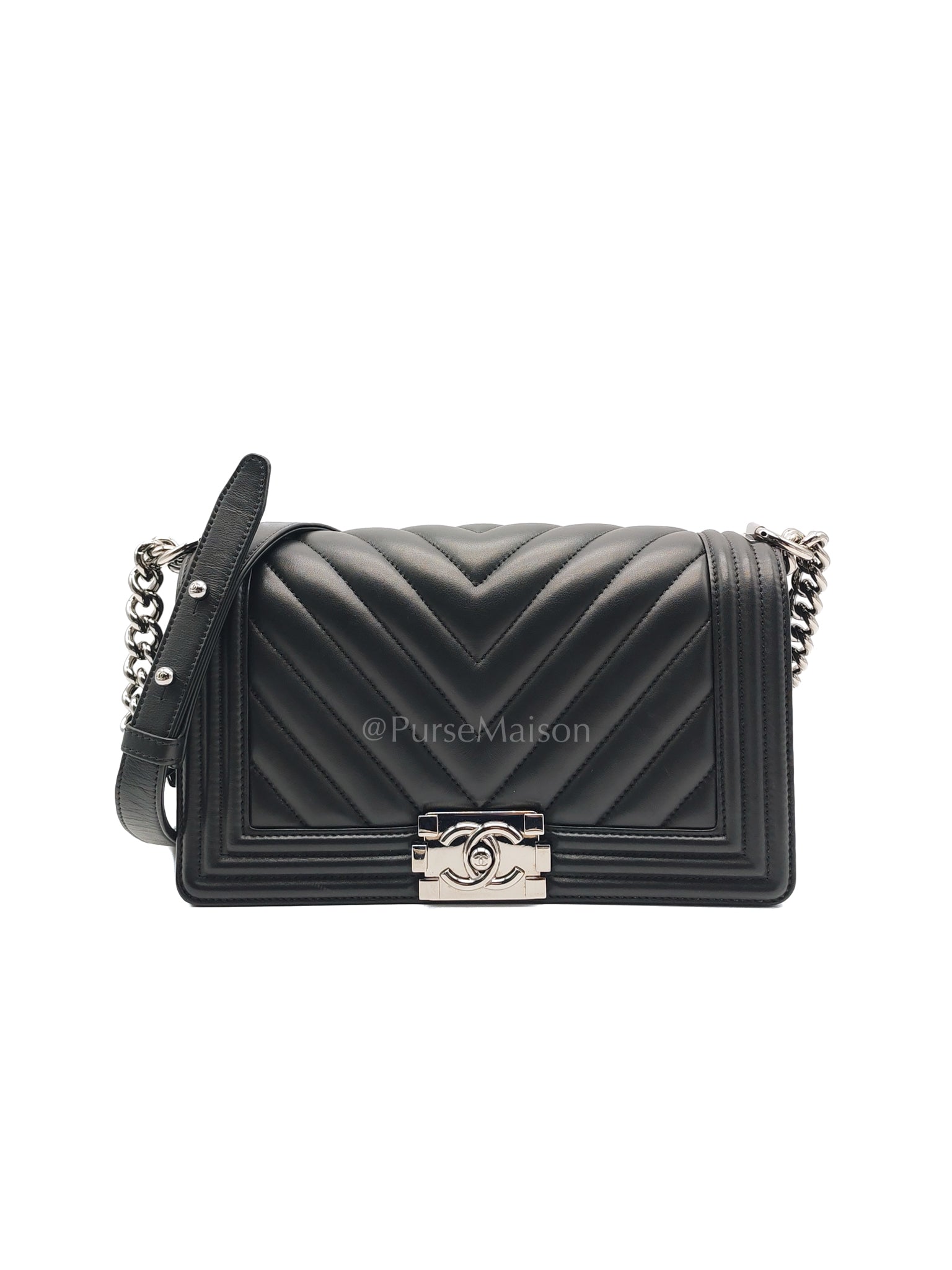 Boy Old Medium in Black Chevron Calfskin Leather and Silver Hardware (Microchip) | Purse Maison Luxury Bags Shop