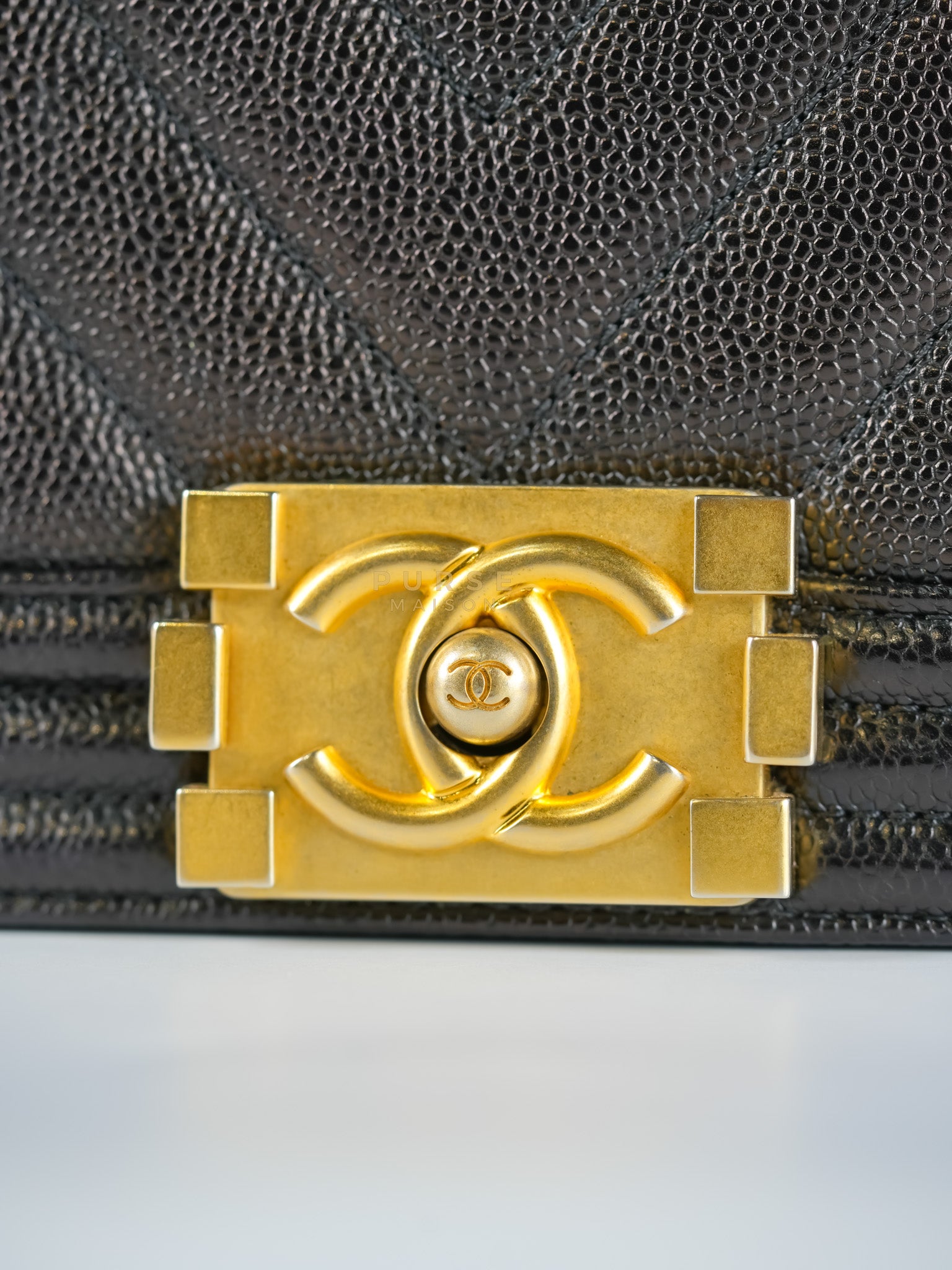 Boy Old Medium in Black Chevron Caviar Leather & Aged Gold Hardware Series 25 | Purse Maison Luxury Bags Shop