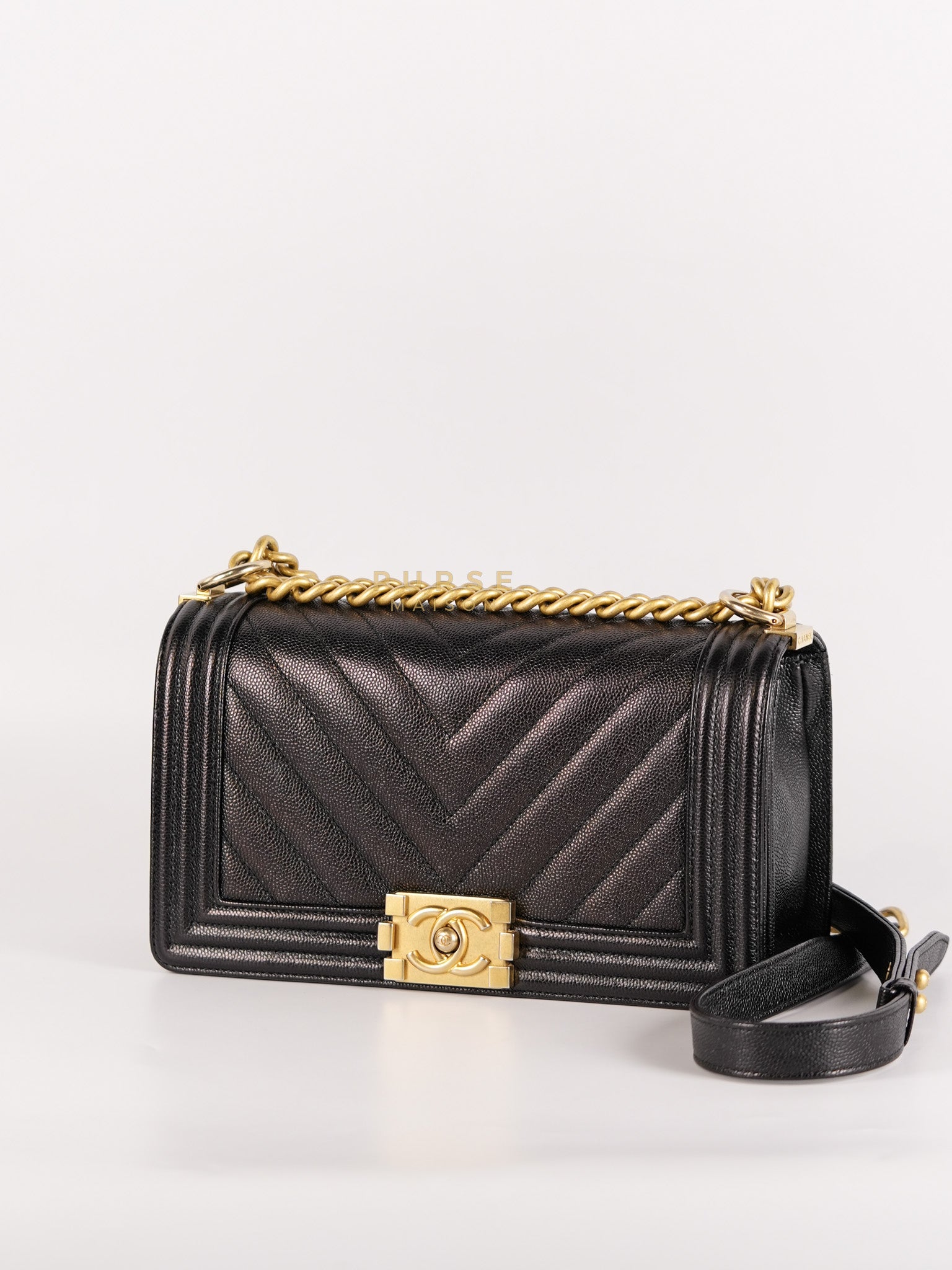 Boy Old Medium in Black Chevron Caviar Leather & Aged Gold Hardware Series 25 | Purse Maison Luxury Bags Shop