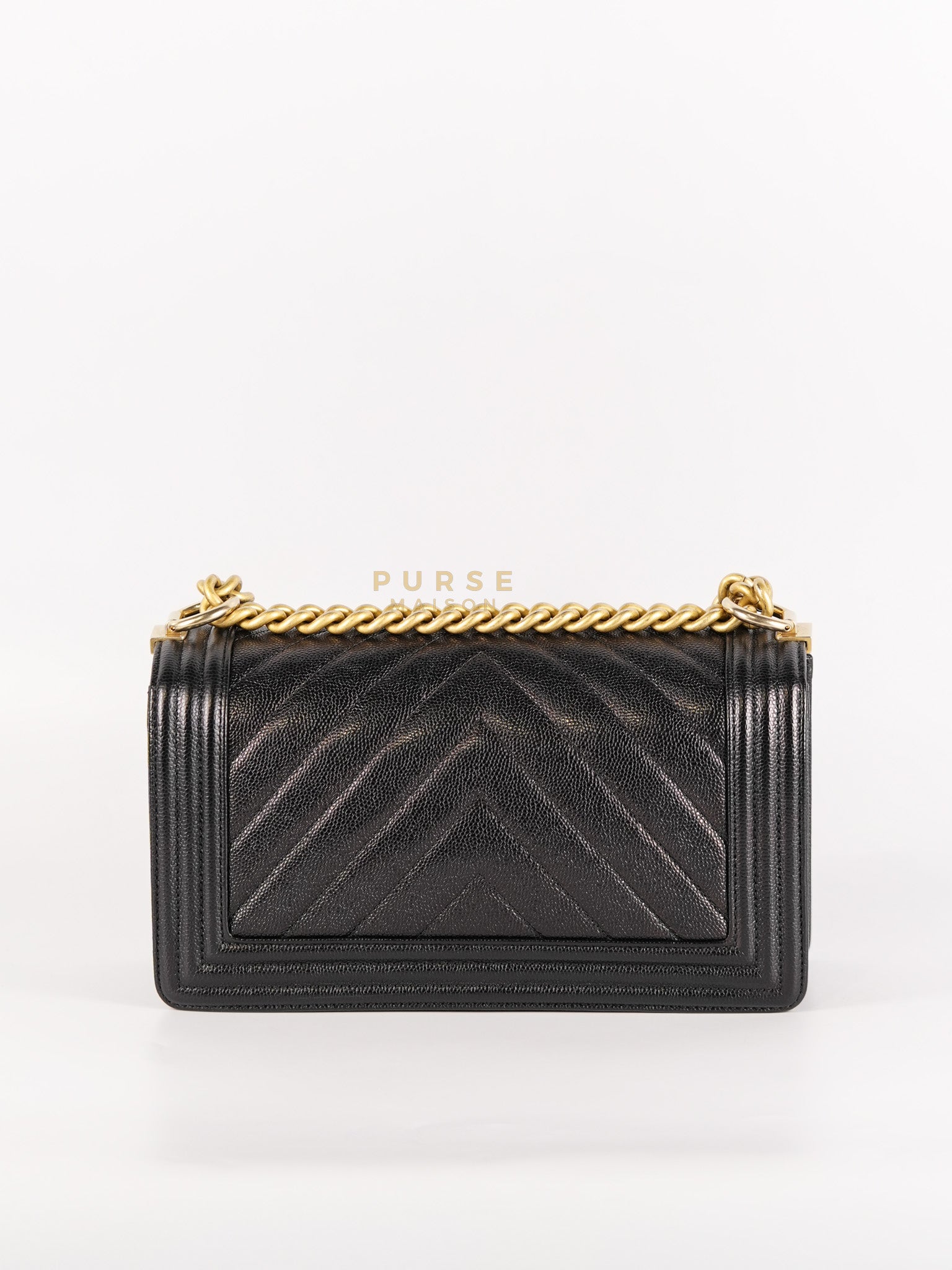 Boy Old Medium in Black Chevron Caviar Leather & Aged Gold Hardware Series 25 | Purse Maison Luxury Bags Shop