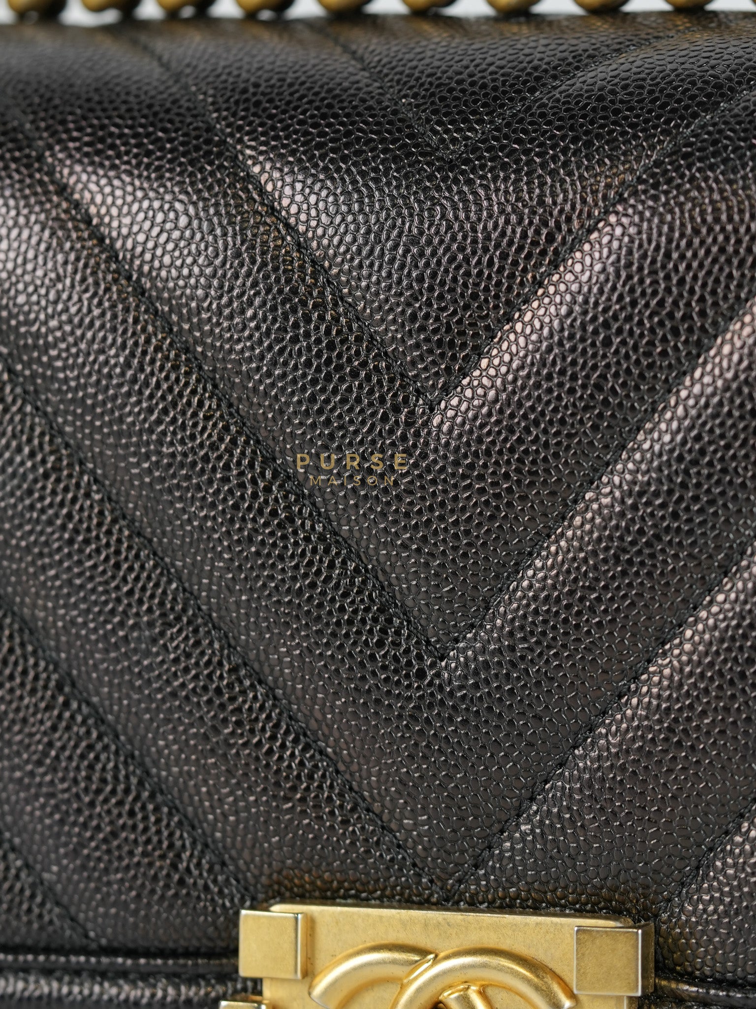 Boy Old Medium in Black Chevron Caviar Leather & Aged Gold Hardware Series 25 | Purse Maison Luxury Bags Shop