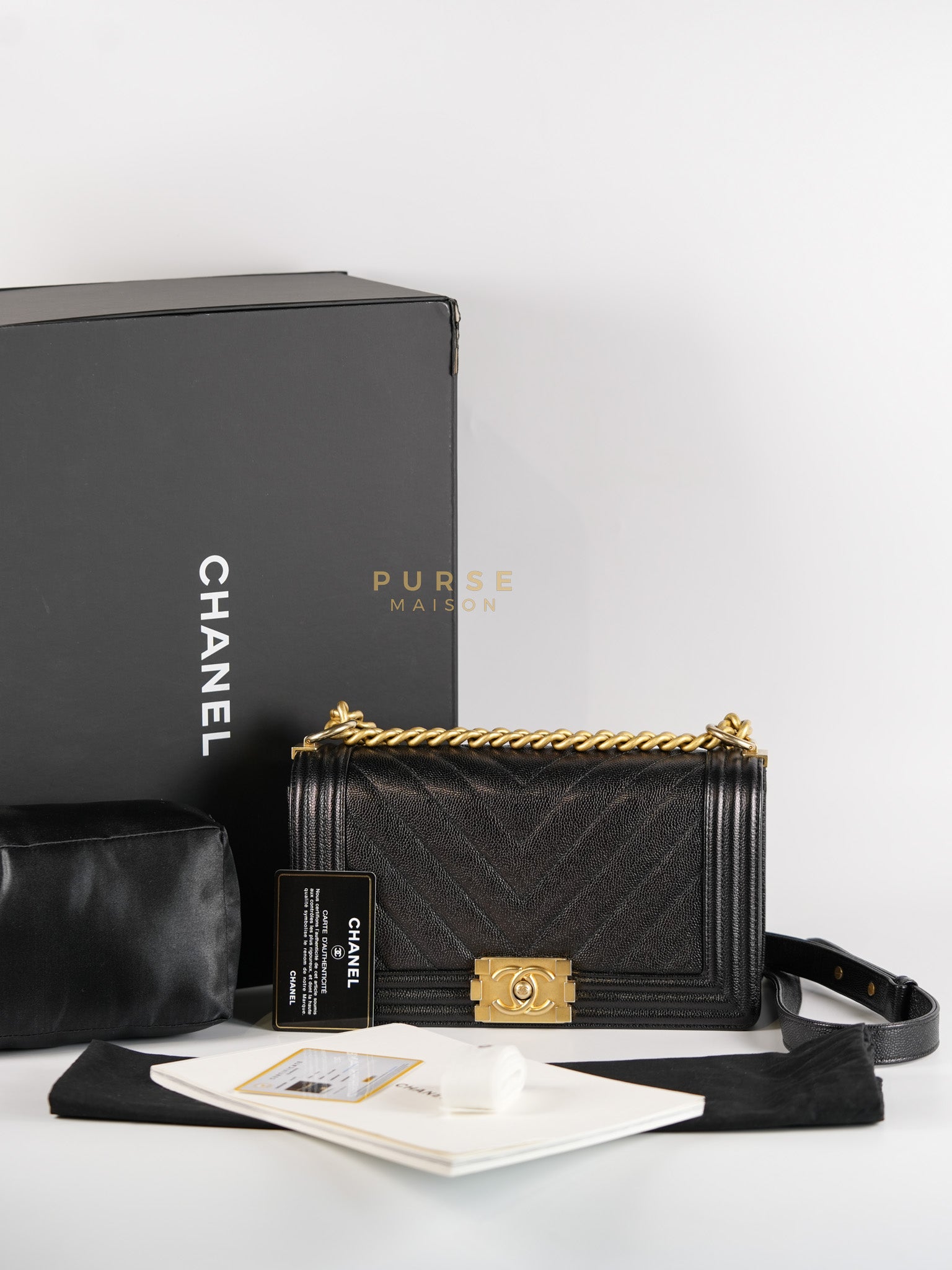 Boy Old Medium in Black Chevron Caviar Leather & Aged Gold Hardware Series 25 | Purse Maison Luxury Bags Shop