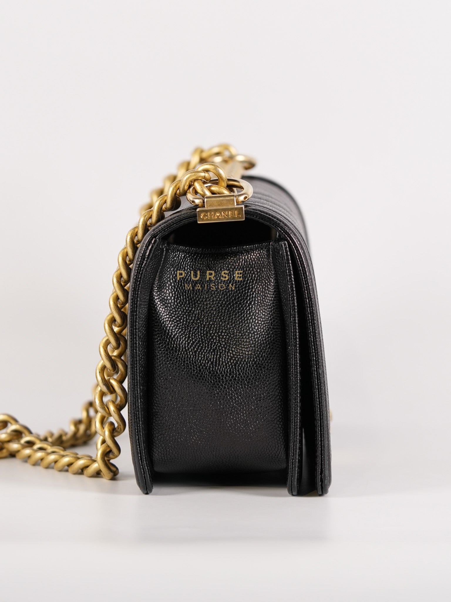 Boy Old Medium in Black Chevron Caviar Leather & Aged Gold Hardware Series 25 | Purse Maison Luxury Bags Shop