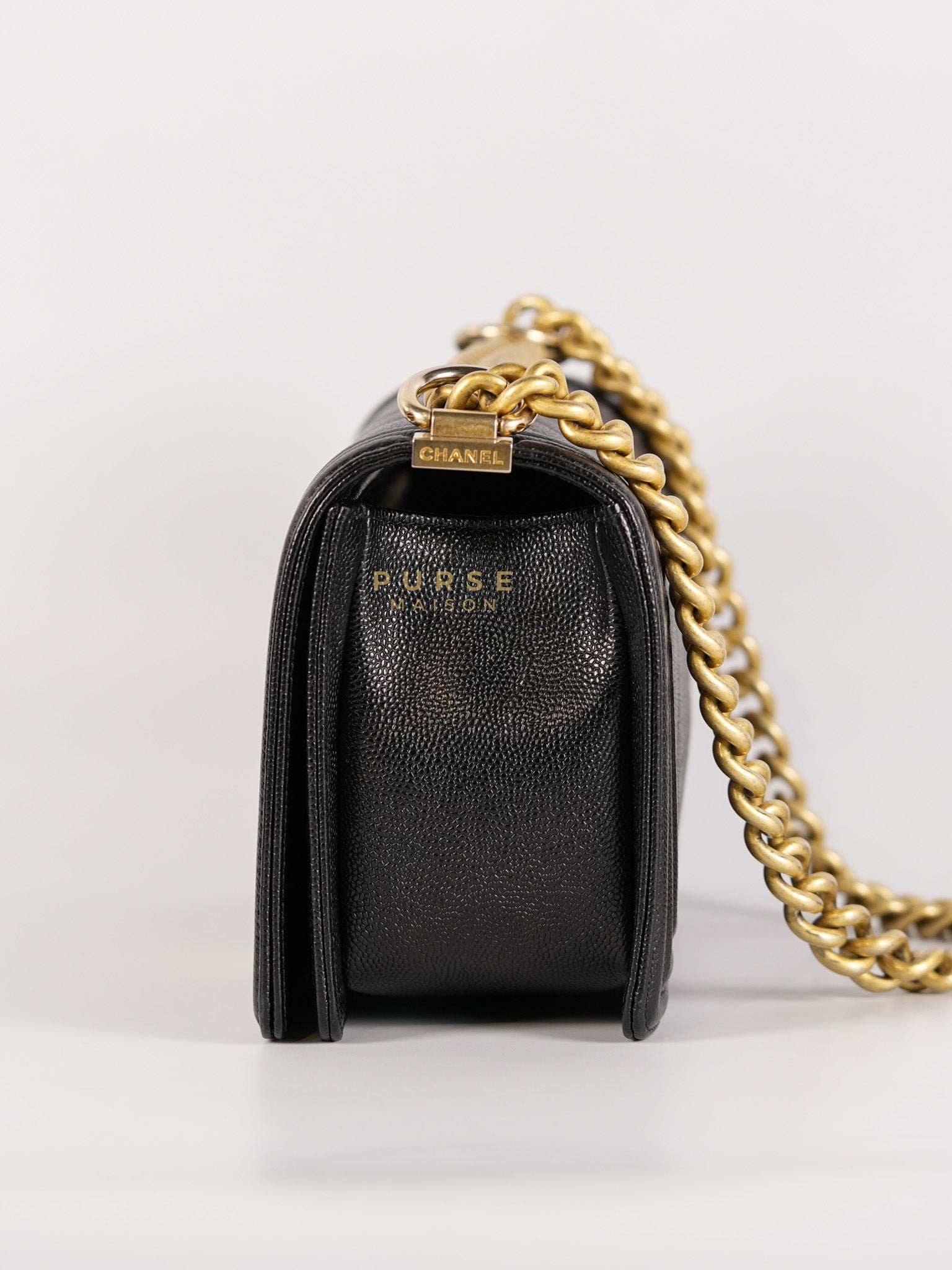 Boy Old Medium in Black Chevron Caviar Leather & Aged Gold Hardware Series 25 | Purse Maison Luxury Bags Shop