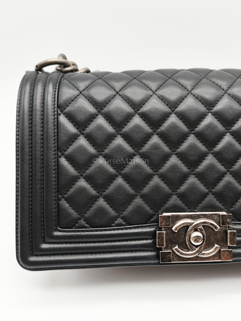 Boy Old Medium in Black Lambskin Ruthenium Hardware (Series 25) | Purse Maison Luxury Bags Shop